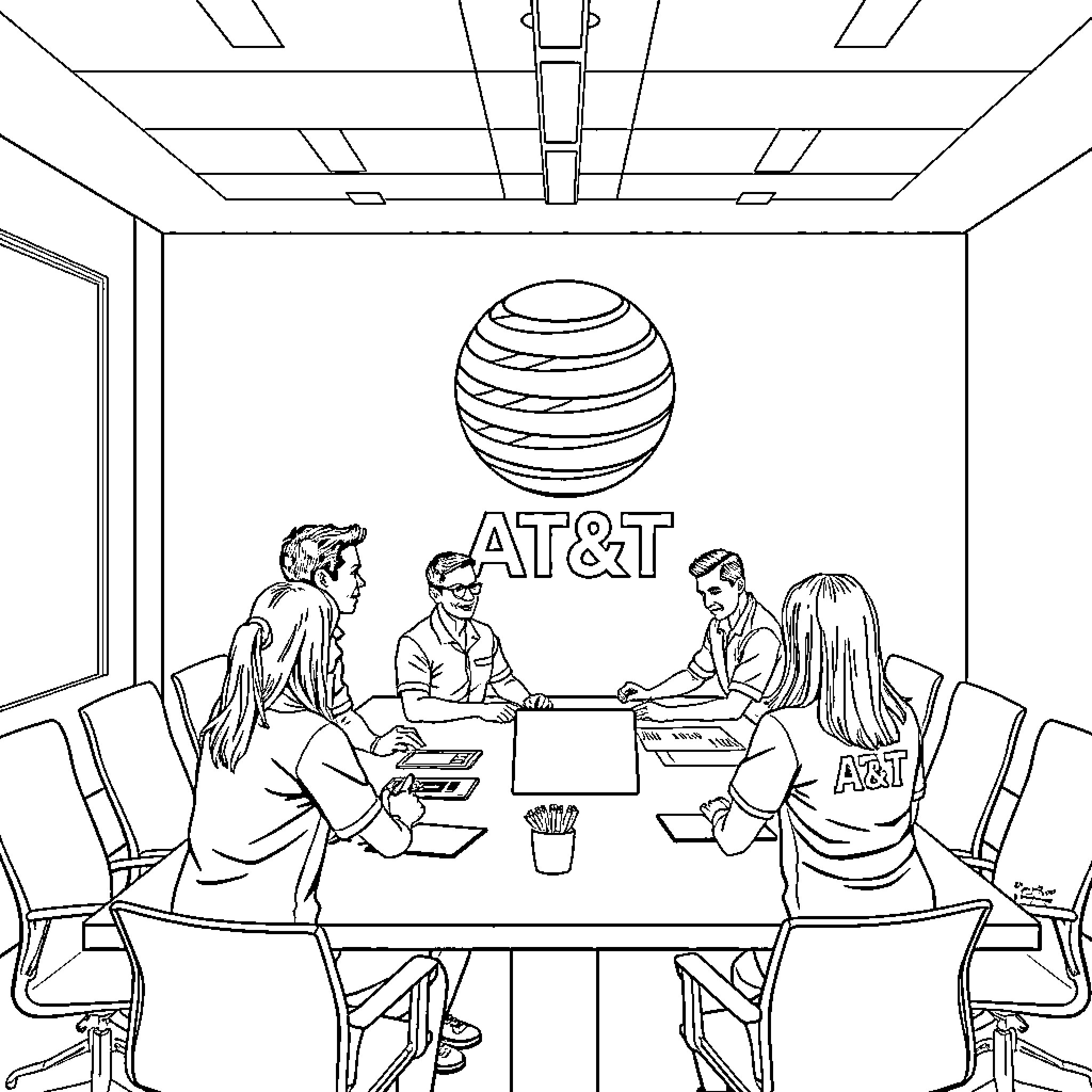 Office Workers in Business Meeting Coloring Page (free black-and-white line drawing printable PDF for all, from beginners to advanced learners, including children, teens, adults, and seniors)