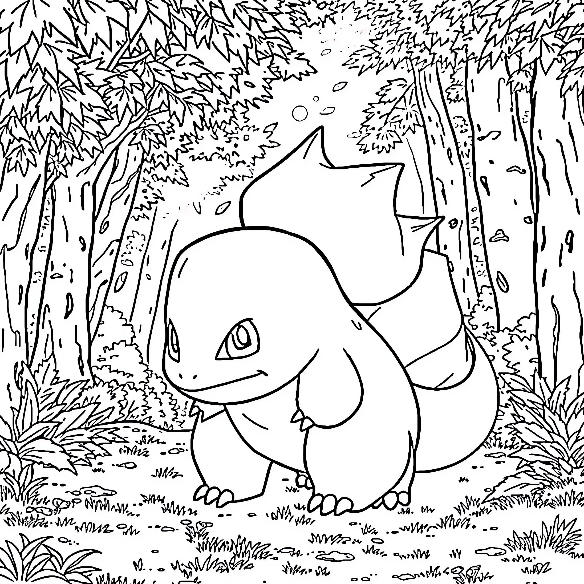 Bulbasaur exploring the lush forest Coloring Page (free black-and-white line drawing printable PDF for all, from beginners to advanced learners, including children, teens, adults, and seniors)