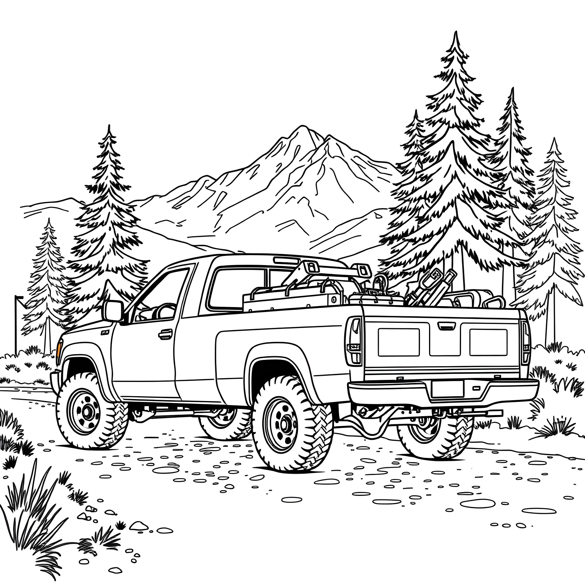 Pick Up Truck Exploring Mountainous Wilderness Coloring Page (free black-and-white line drawing printable PDF for all, from beginners to advanced learners, including children, teens, adults, and seniors)