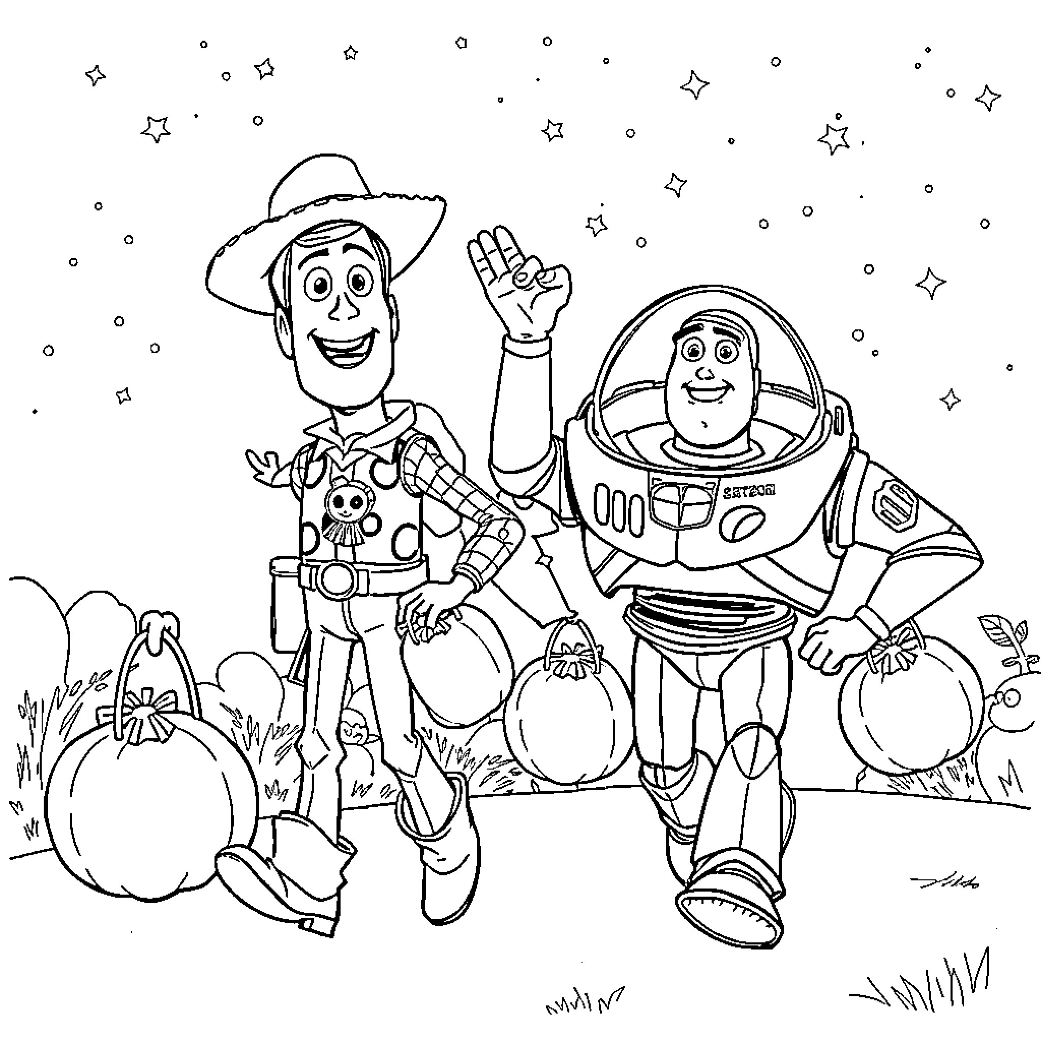 Woody and Buzz explore a starry night scene Coloring Page (free black-and-white line drawing printable PDF for all, from beginners to advanced learners, including children, teens, adults, and seniors)