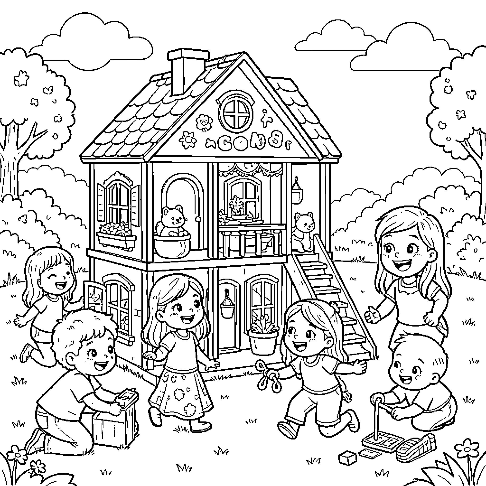 Dollhouse with Children Playing Happily Outdoors Coloring Page (free black-and-white line drawing printable PDF for all, from beginners to advanced learners, including children, teens, adults, and seniors)