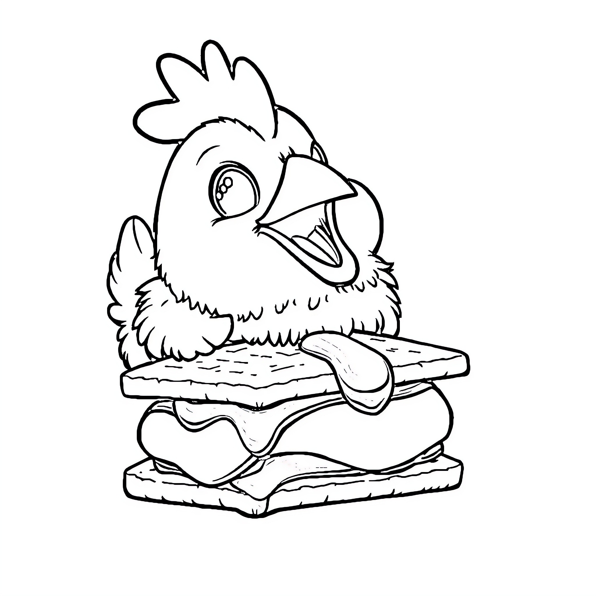 Chicken eating a sandwich happily Coloring Page (free black-and-white line drawing printable PDF for all, from beginners to advanced learners, including children, teens, adults, and seniors)
