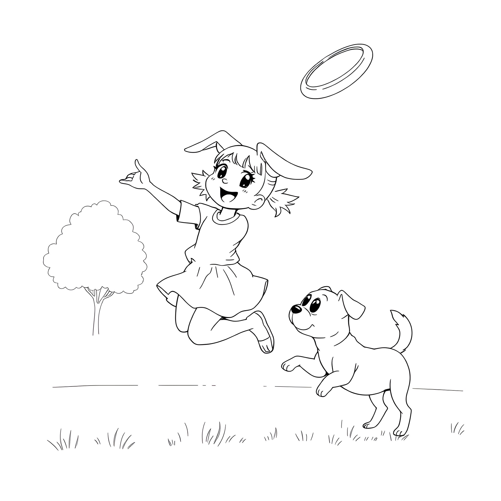 Dog Girl Playing Happily with Pet Dog in the Park Coloring Page (free black-and-white line drawing printable PDF for all, from beginners to advanced learners, including children, teens, adults, and seniors)