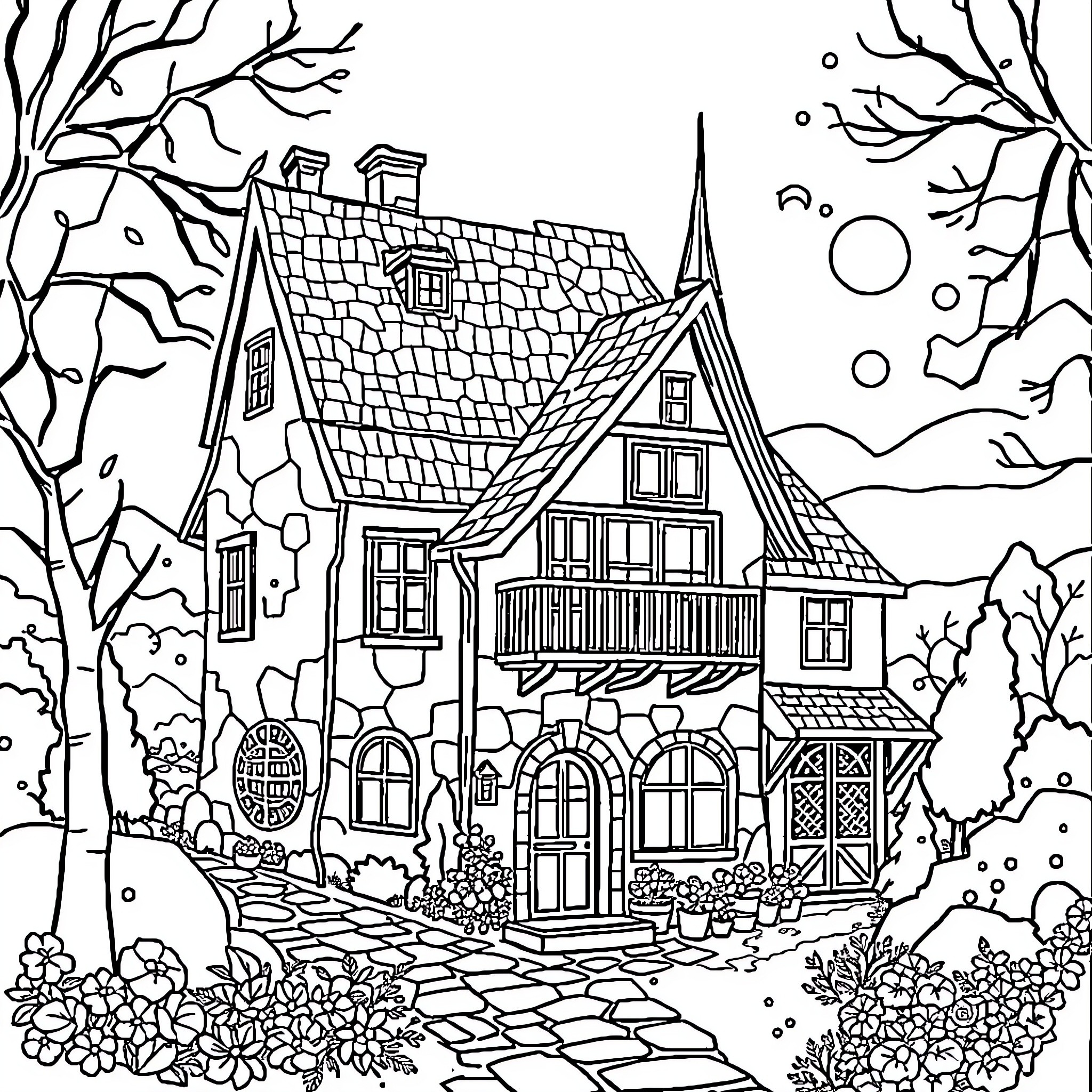 Haunted House in Snowy Woodland Scenery Coloring Page (free black-and-white line drawing printable PDF for all, from beginners to advanced learners, including children, teens, adults, and seniors)