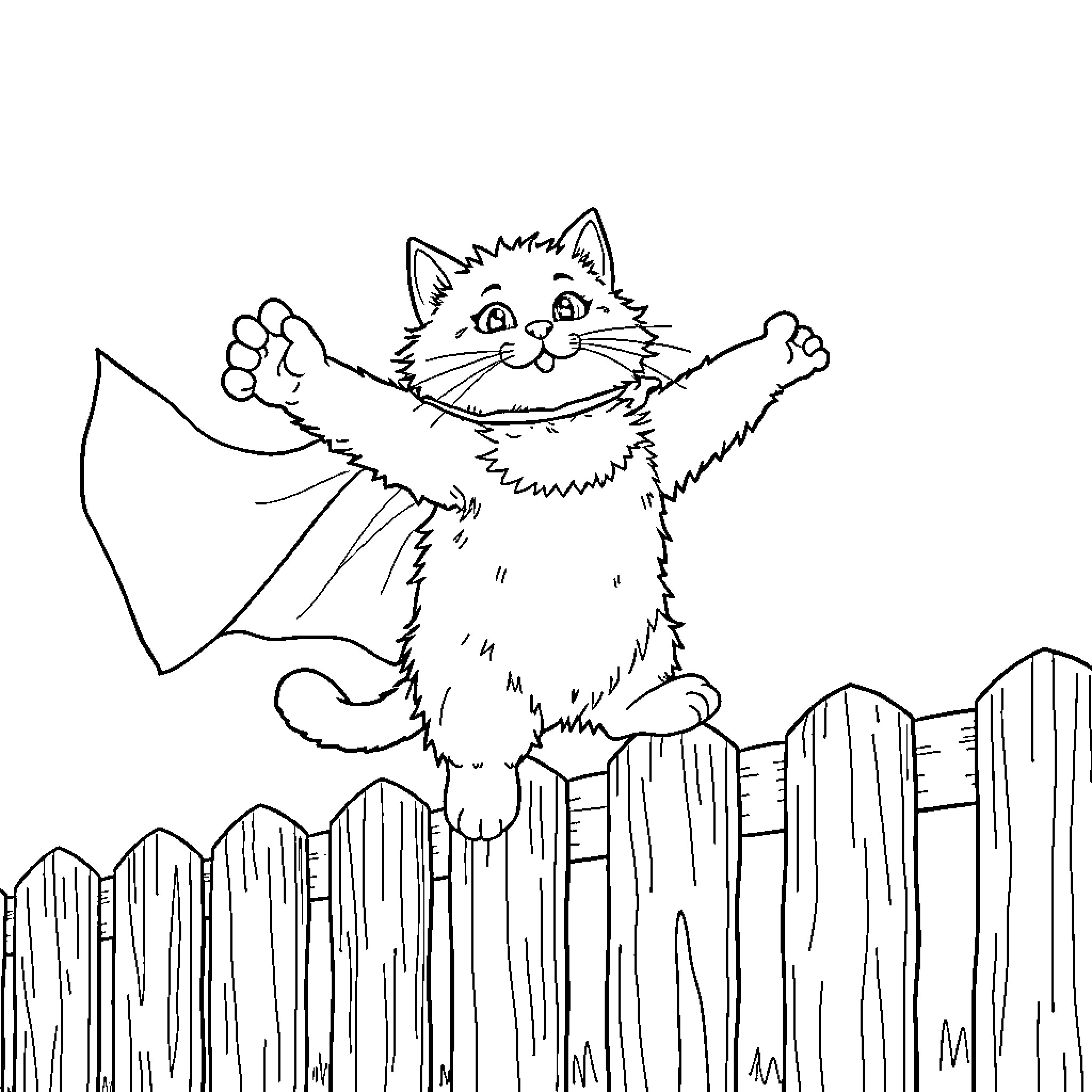 Cat climbing over a wooden fence Coloring Page (free black-and-white line drawing printable PDF for all, from beginners to advanced learners, including children, teens, adults, and seniors)