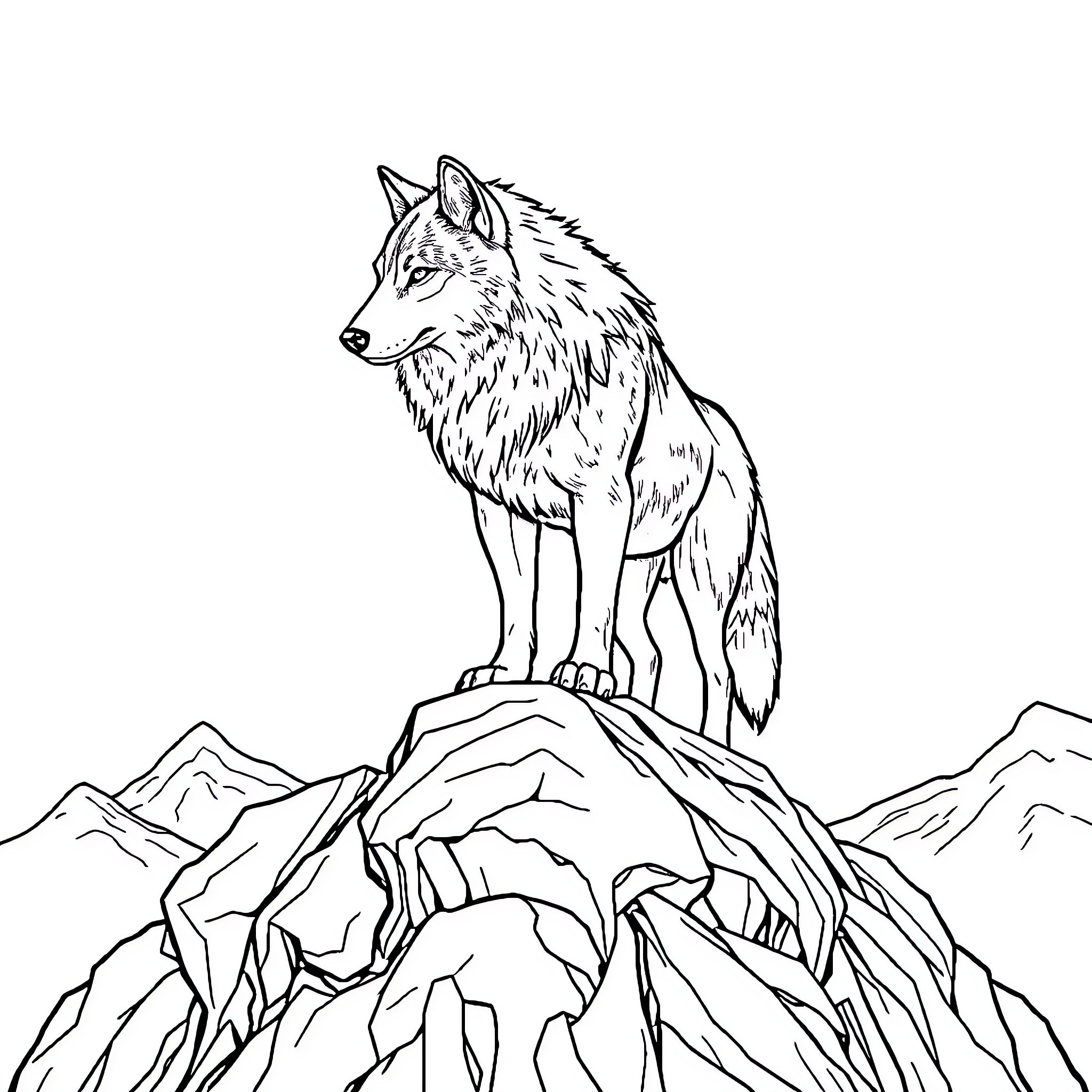 Wolf standing tall on a rocky mountain peak Coloring Page (free black-and-white line drawing printable PDF for all, from beginners to advanced learners, including children, teens, adults, and seniors)