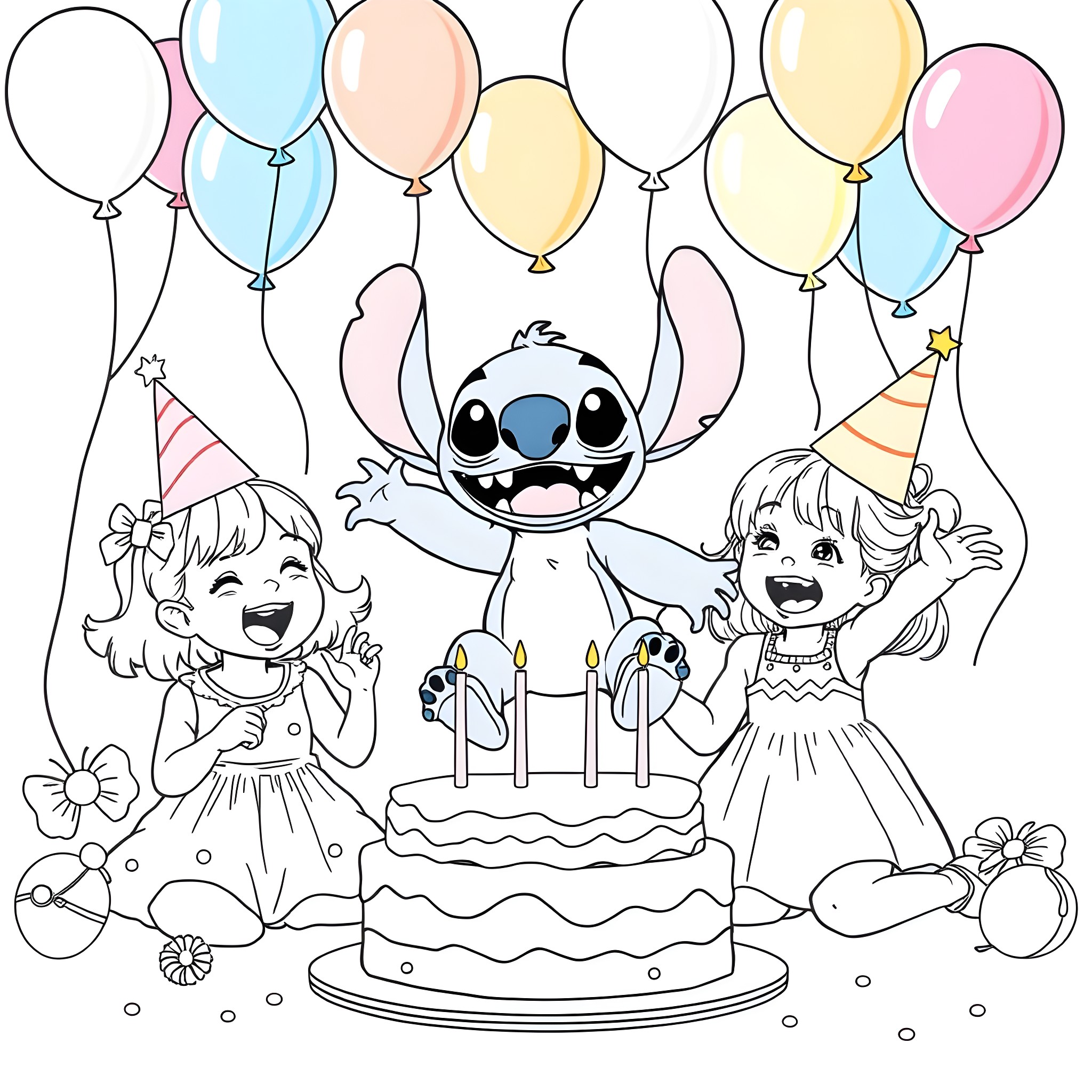 Stitch celebrates birthday with friends and balloons Coloring Page (free black-and-white line drawing printable PDF for all, from beginners to advanced learners, including children, teens, adults, and seniors)