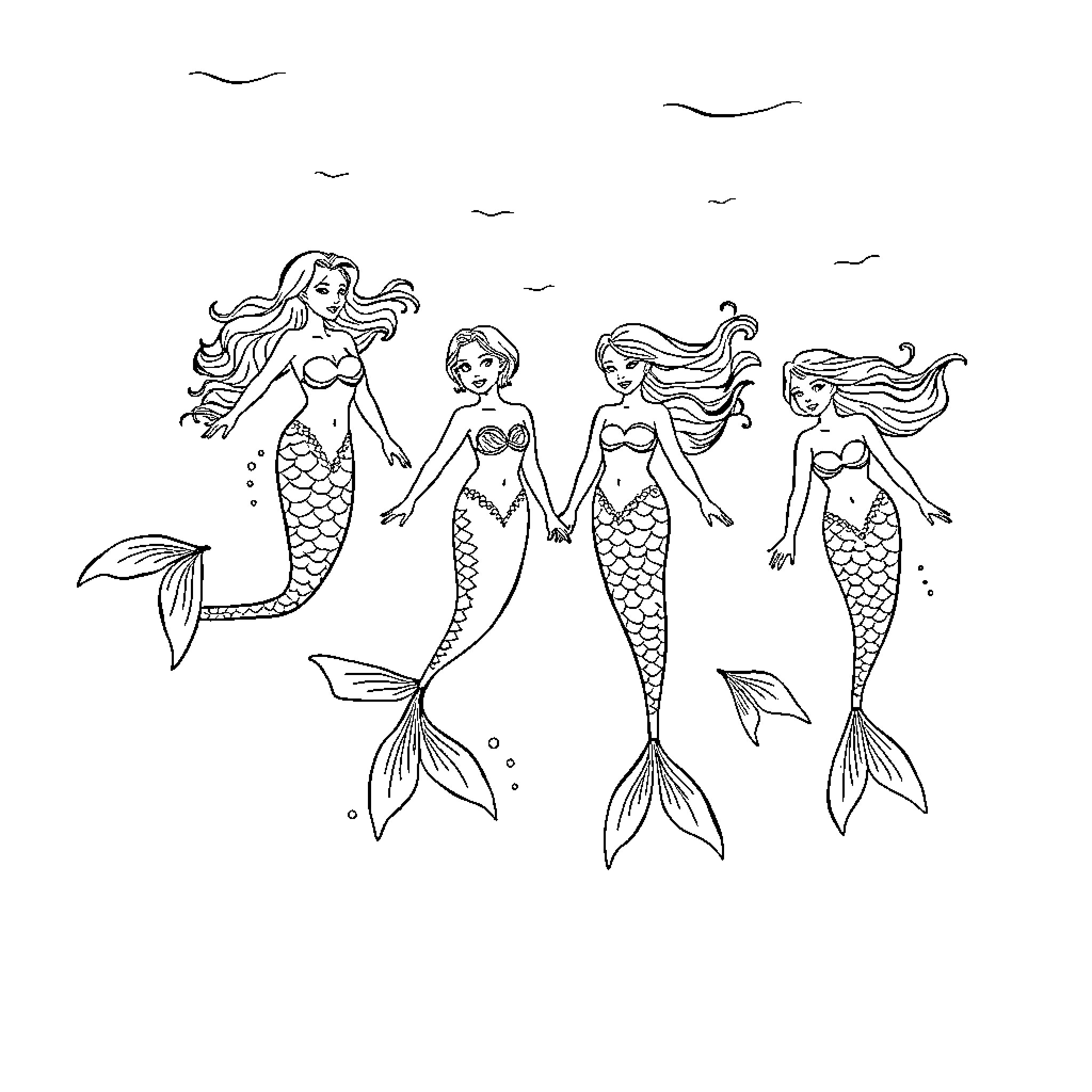 Mermaid Beauties Swimming in the Sea Coloring Page (free black-and-white line drawing printable PDF for all, from beginners to advanced learners, including children, teens, adults, and seniors)