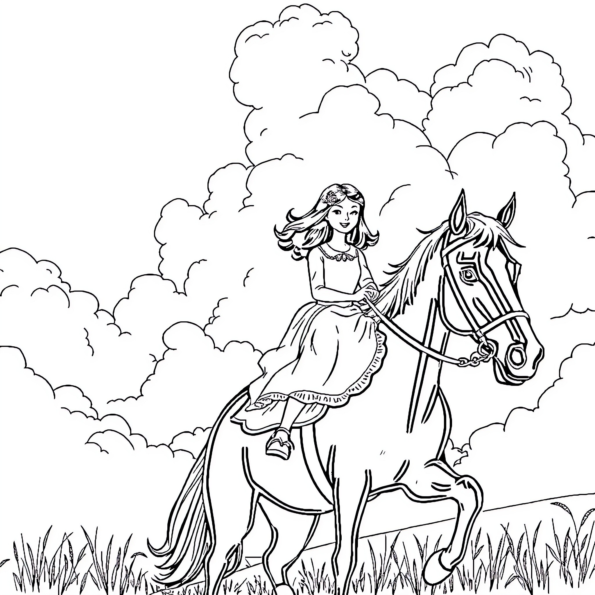 Wednesday Adams riding a horse through the clouds Coloring Page (free black-and-white line drawing printable PDF for all, from beginners to advanced learners, including children, teens, adults, and seniors)