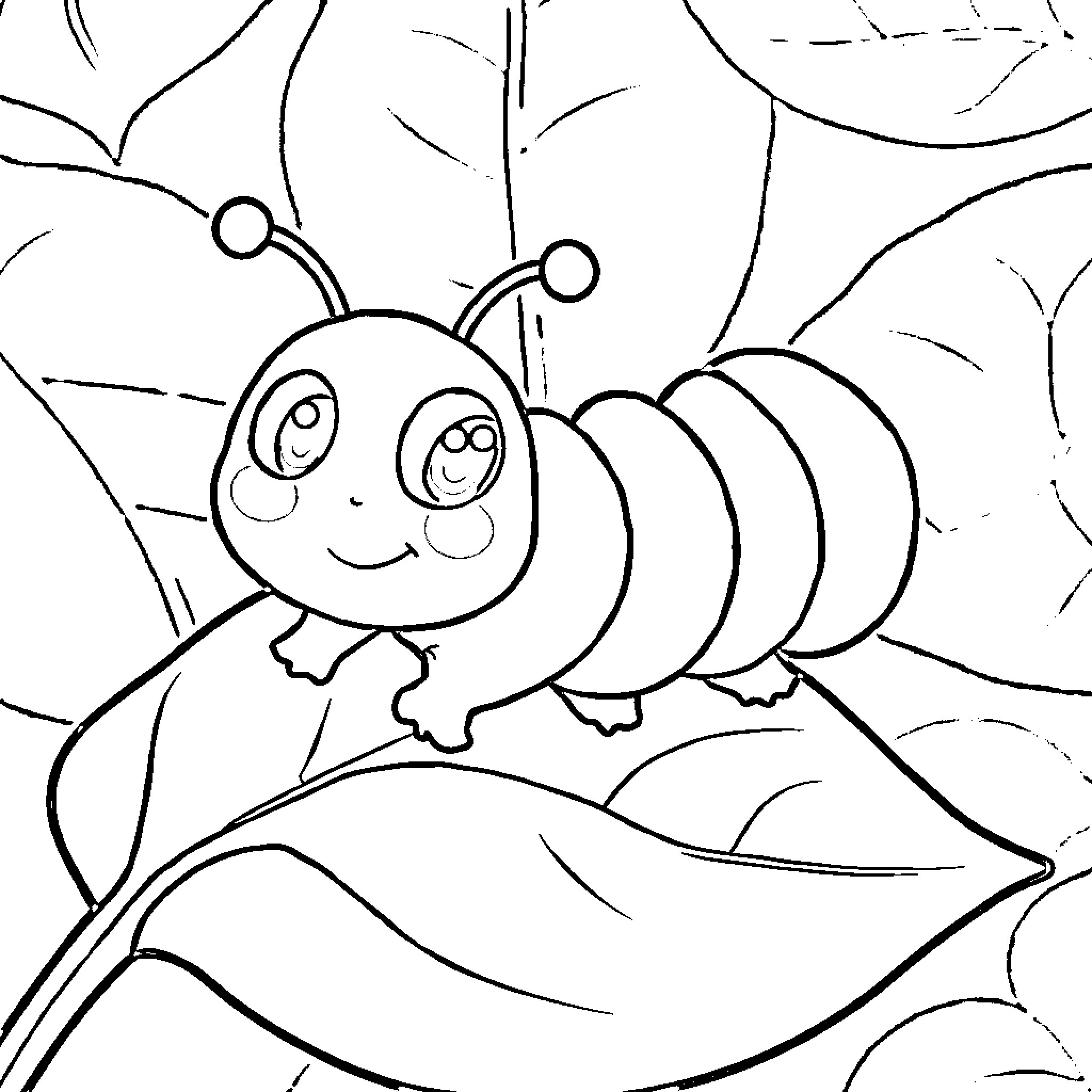 Caterpillar enjoying the nature around it Coloring Page (free black-and-white line drawing printable PDF for all, from beginners to advanced learners, including children, teens, adults, and seniors)