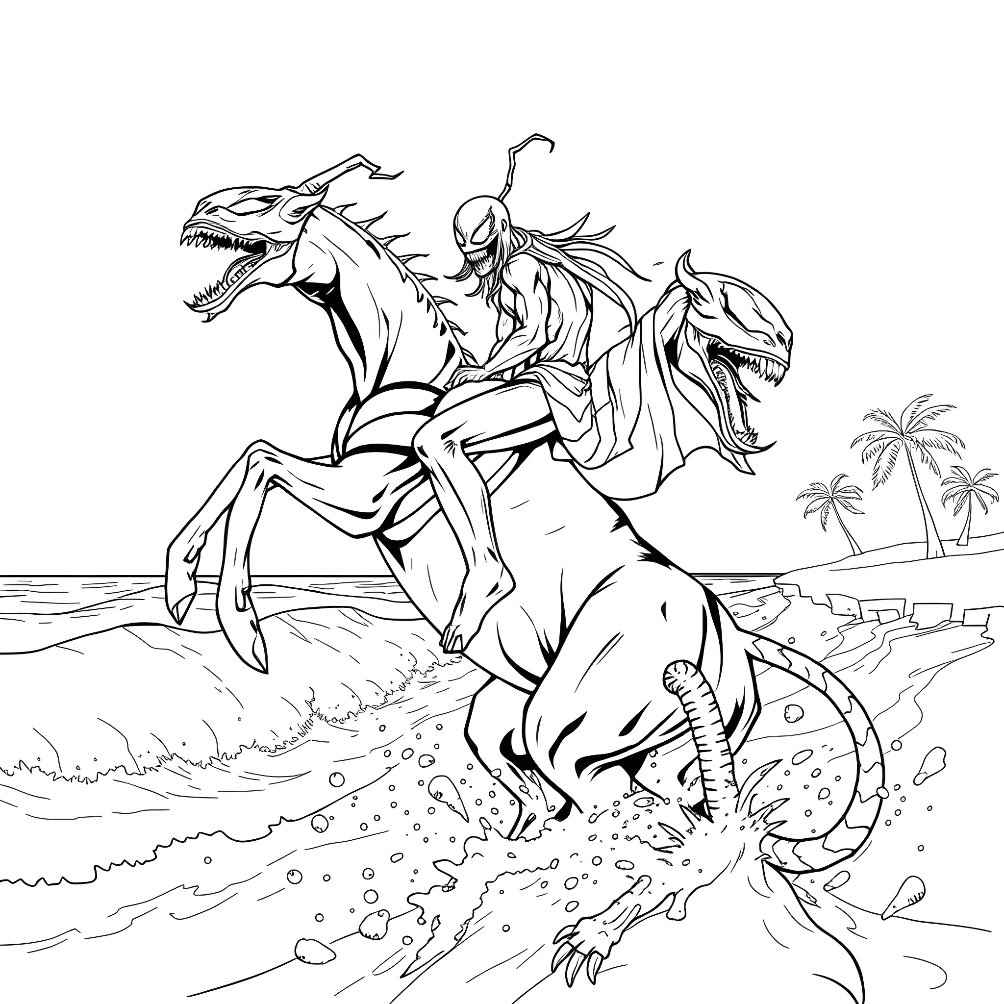 Carnage of Ferocious Dinosaurs on Tropical Beach Coloring Page (free black-and-white line drawing printable PDF for all, from beginners to advanced learners, including children, teens, adults, and seniors)