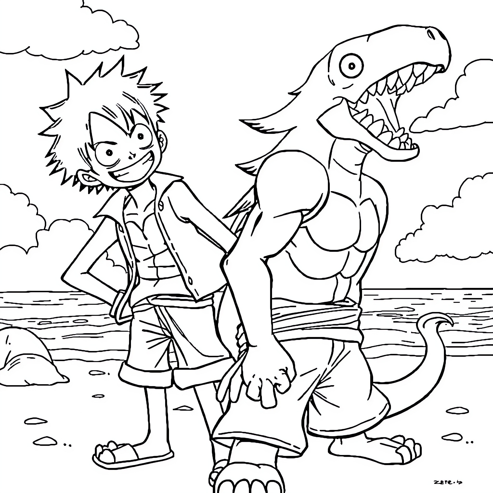 Luffy's Adventurous Encounter with a Fearsome Creature Coloring Page (free black-and-white line drawing printable PDF for all, from beginners to advanced learners, including children, teens, adults, and seniors)
