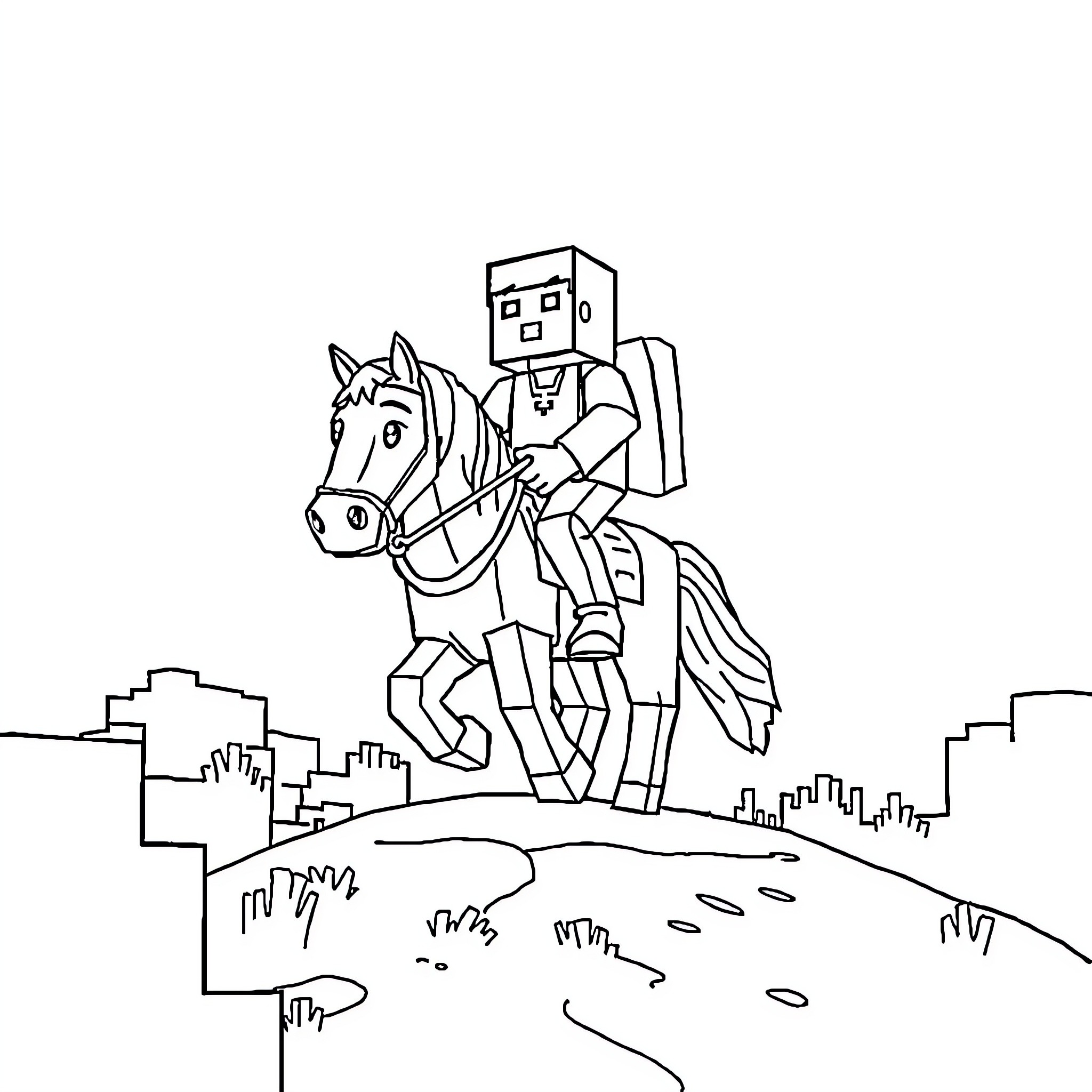 Horse-riding robot in a city landscape Coloring Page (free black-and-white line drawing printable PDF for all, from beginners to advanced learners, including children, teens, adults, and seniors)