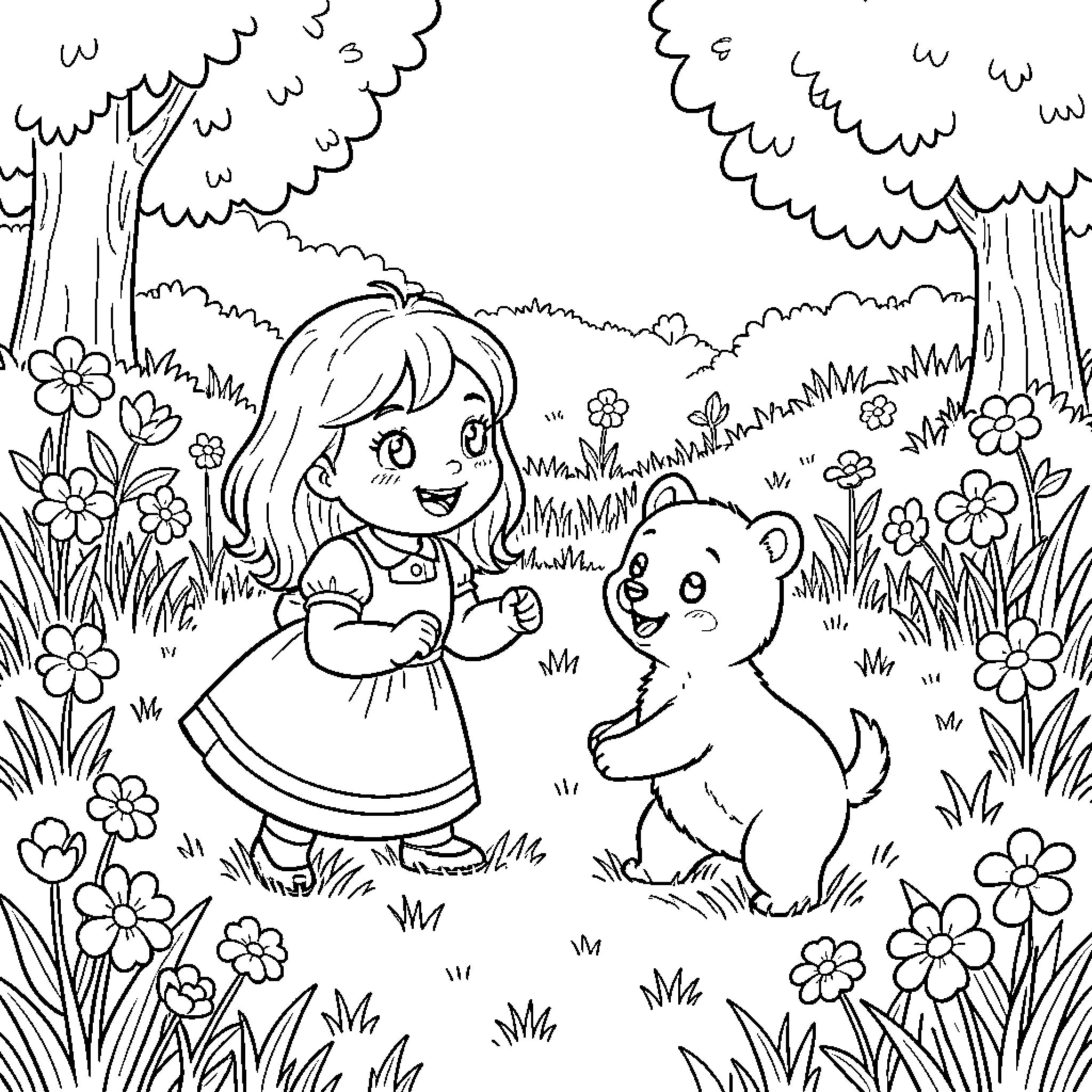 Masha playing joyfully with a small bear in a field Coloring Page (free black-and-white line drawing printable PDF for all, from beginners to advanced learners, including children, teens, adults, and seniors)
