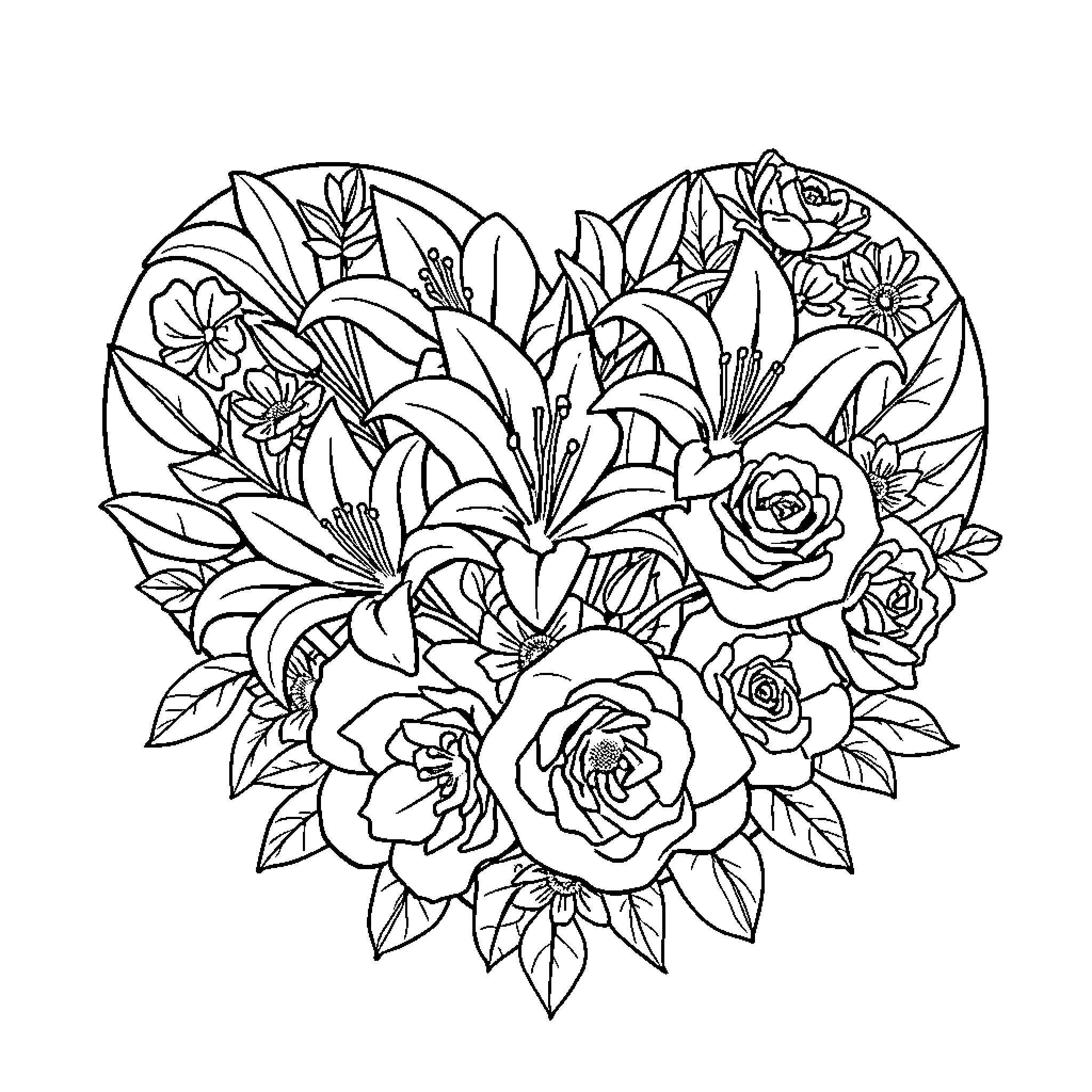 Heart filled with intricate floral patterns Coloring Page (free black-and-white line drawing printable PDF for all, from beginners to advanced learners, including children, teens, adults, and seniors)