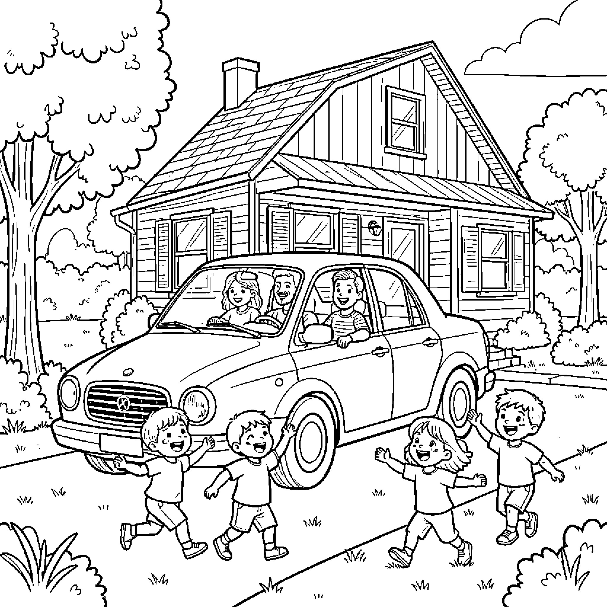 Maison with a family arriving in a car Coloring Page (free black-and-white line drawing printable PDF for all, from beginners to advanced learners, including children, teens, adults, and seniors)