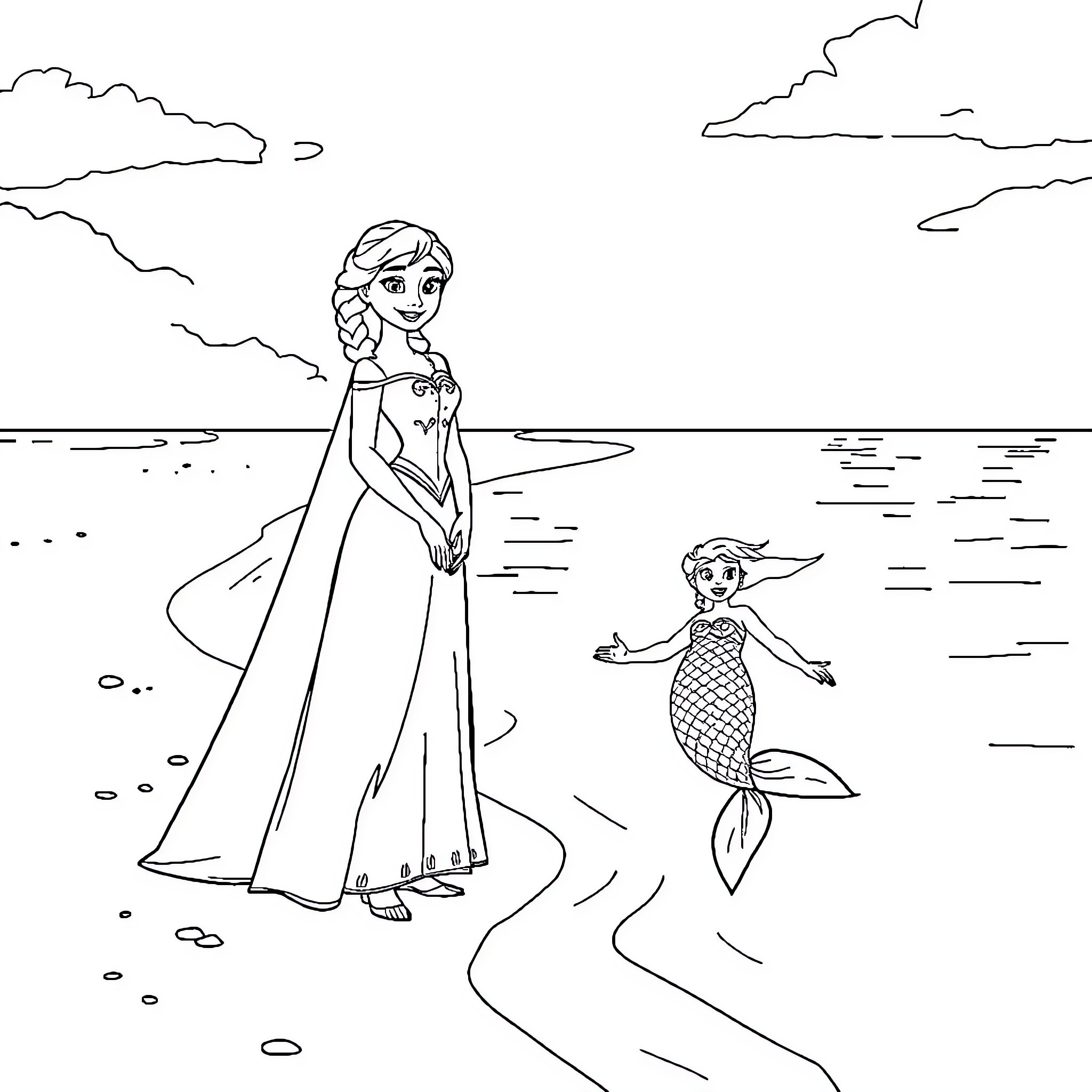 Elsa and Anna's Seaside Adventure Coloring Page (free black-and-white line drawing printable PDF for all, from beginners to advanced learners, including children, teens, adults, and seniors)