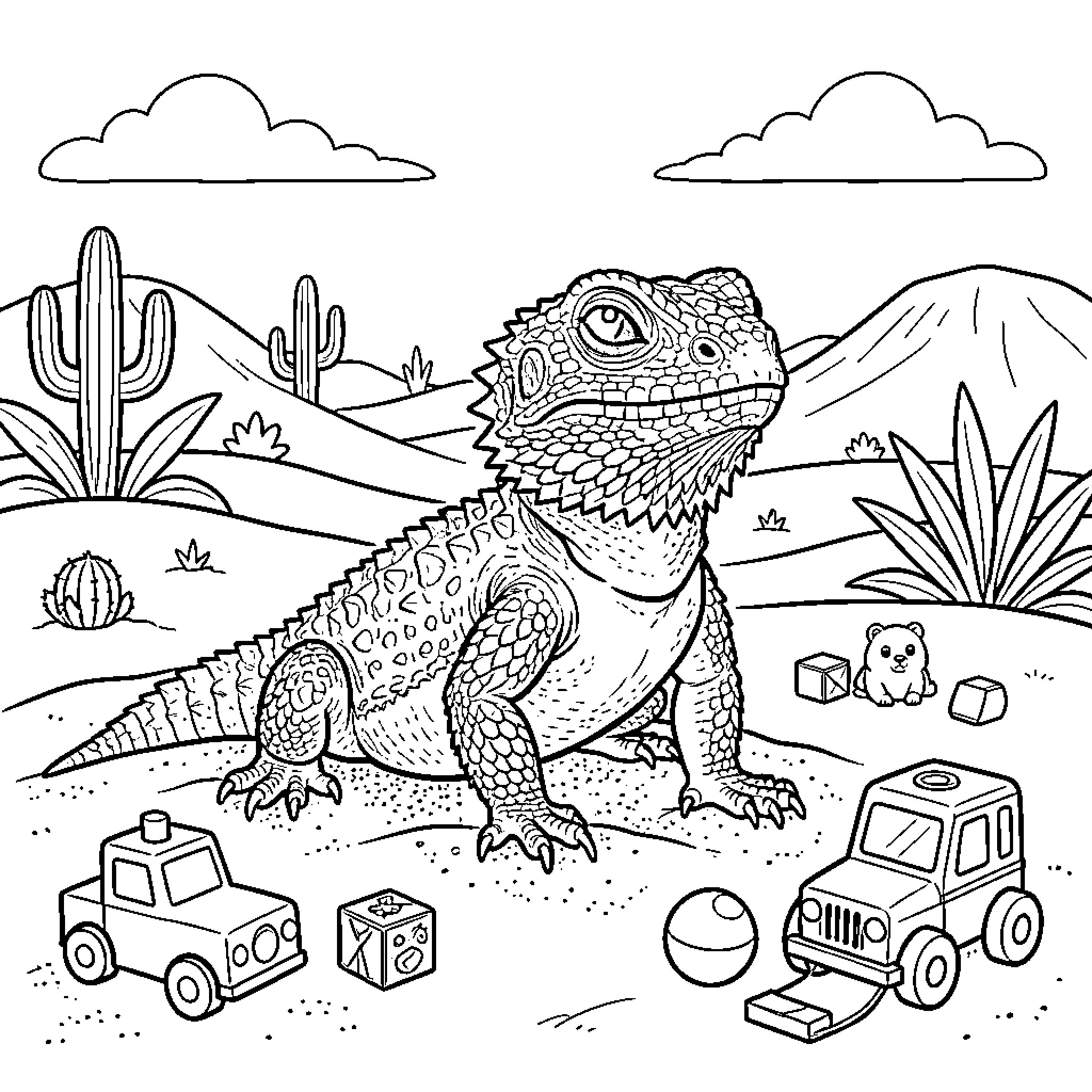 Bearded Dragon exploring desert landscape with toys Coloring Page (free black-and-white line drawing printable PDF for all, from beginners to advanced learners, including children, teens, adults, and seniors)