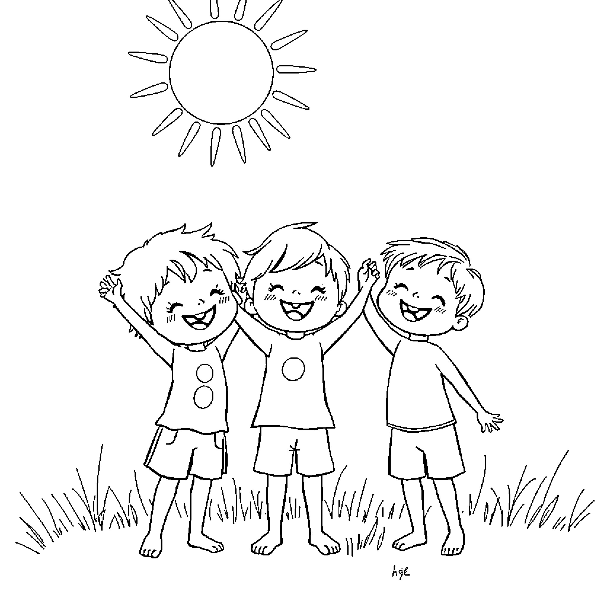 Enfant playing happily under the sun Coloring Page (free black-and-white line drawing printable PDF for all, from beginners to advanced learners, including children, teens, adults, and seniors)