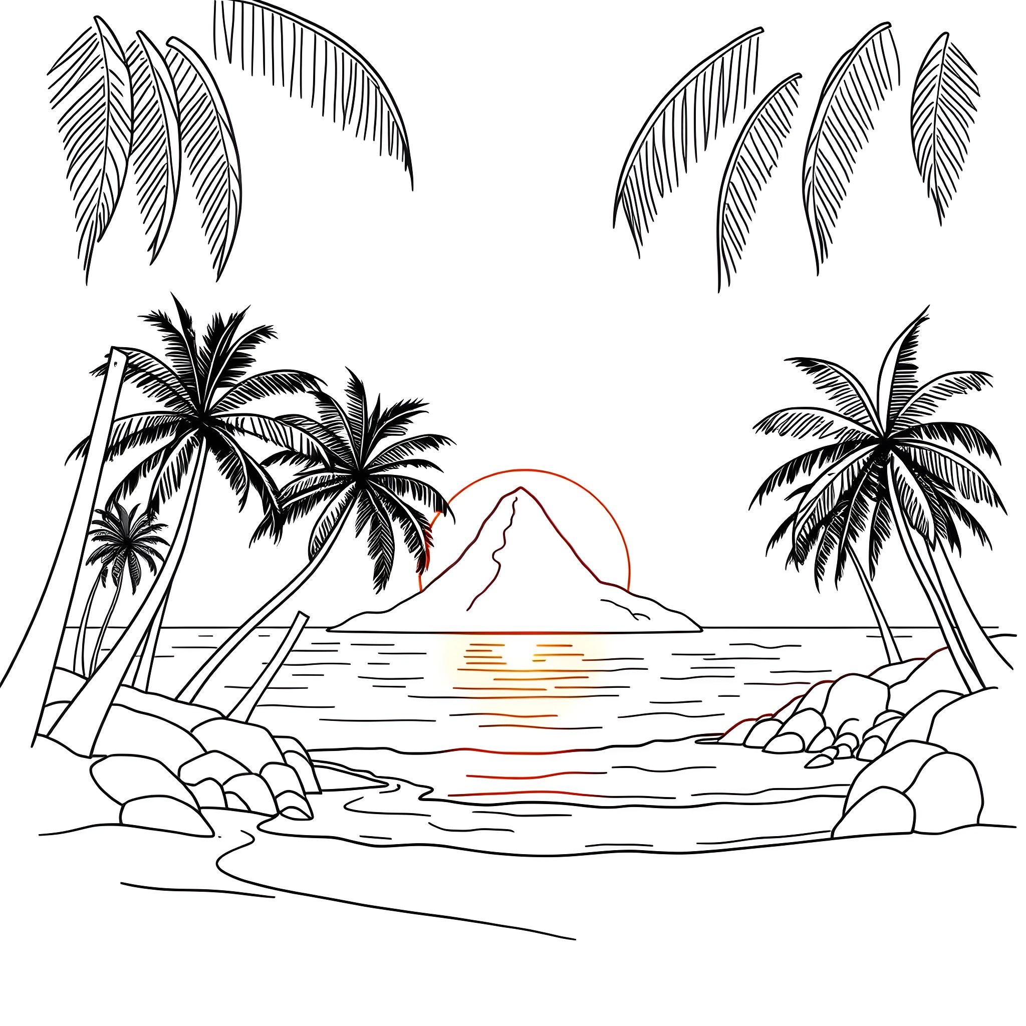 Sunset at a tropical beach with palm trees Coloring Page (free black-and-white line drawing printable PDF for all, from beginners to advanced learners, including children, teens, adults, and seniors)