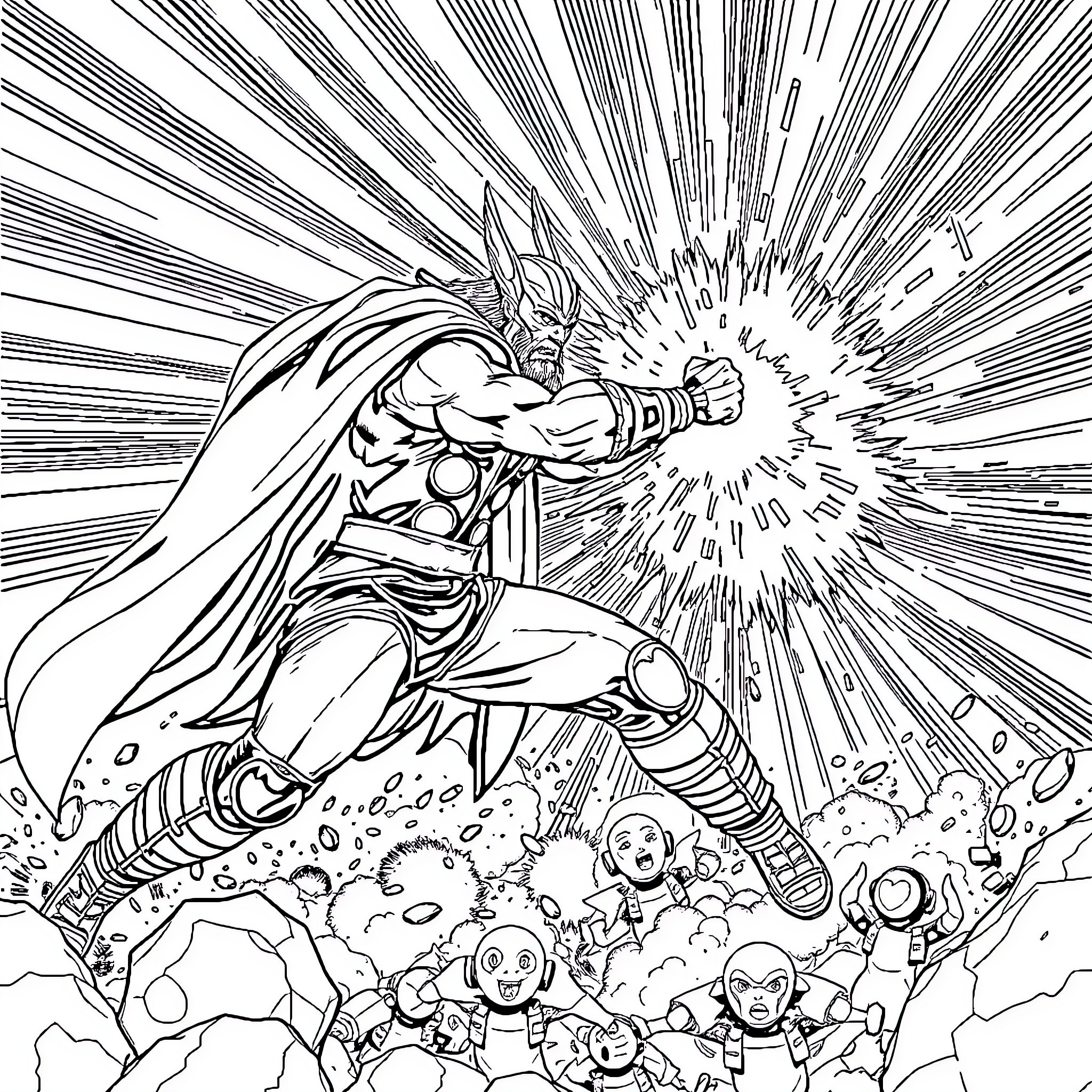 Thor Unleashing Mighty Heroic Pose Amidst Chaotic Crowd Coloring Page (free black-and-white line drawing printable PDF for all, from beginners to advanced learners, including children, teens, adults, and seniors)