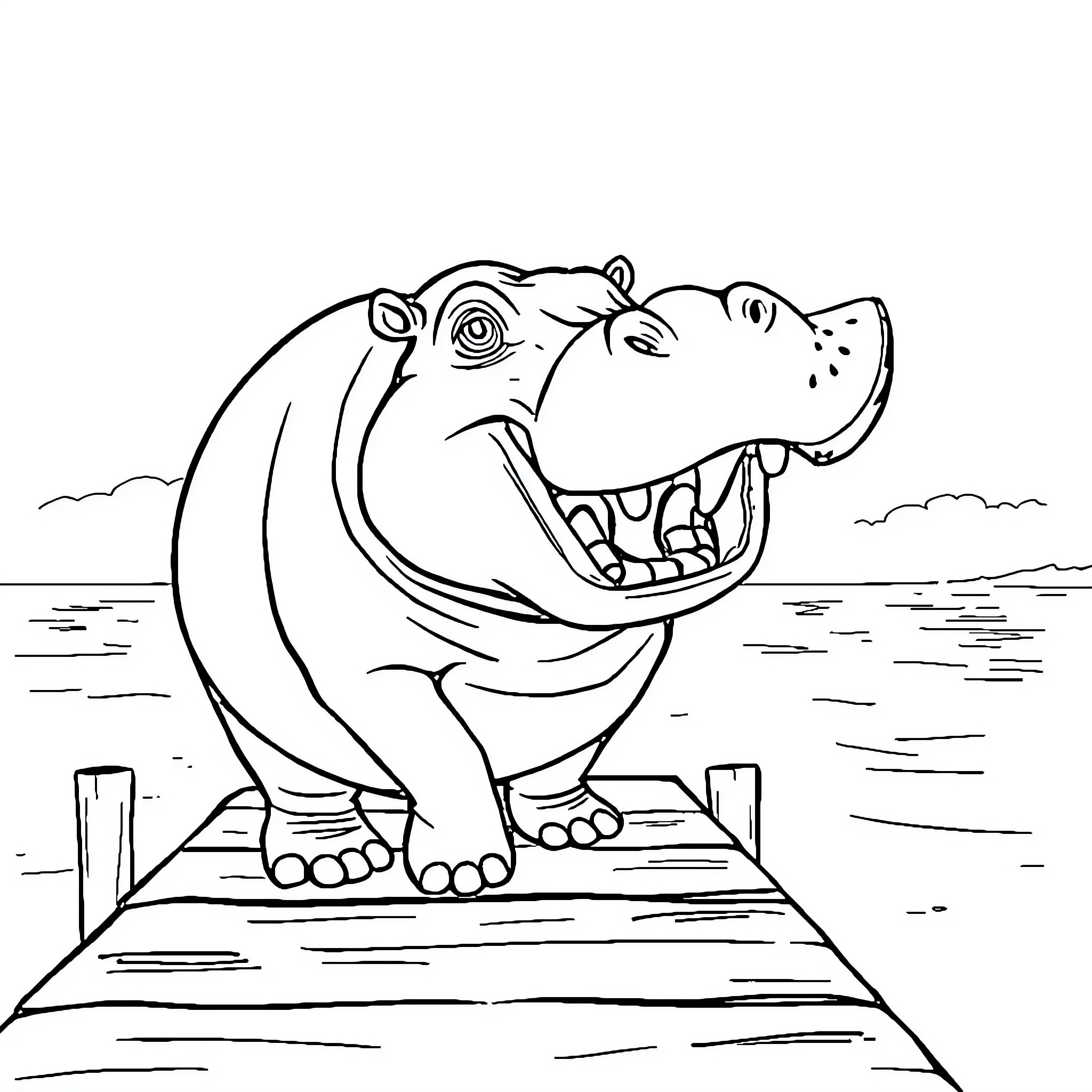 Hippo relaxing on a wooden dock Coloring Page (free black-and-white line drawing printable PDF for all, from beginners to advanced learners, including children, teens, adults, and seniors)