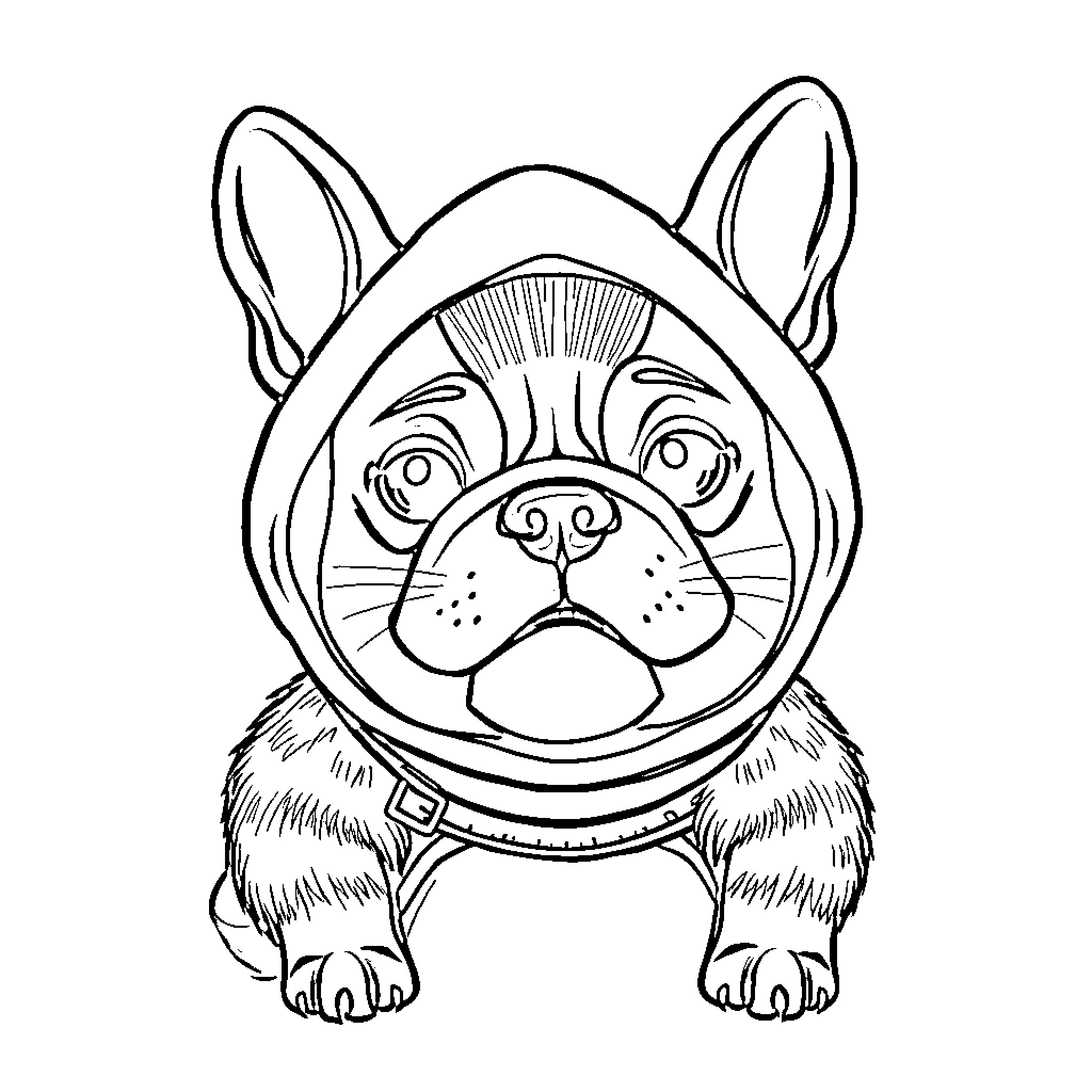 Bulldog in a space suit gazing curiously Coloring Page (free black-and-white line drawing printable PDF for all, from beginners to advanced learners, including children, teens, adults, and seniors)