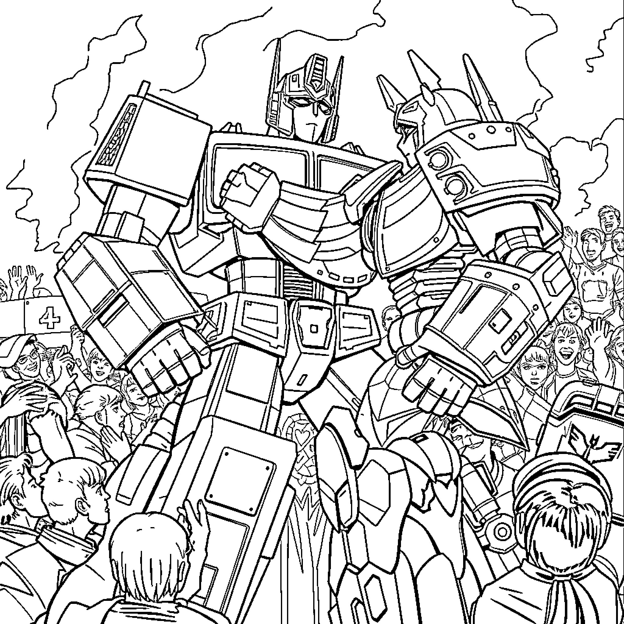 Optimus Prime leading the Autobots in an epic battle Coloring Page (free black-and-white line drawing printable PDF for all, from beginners to advanced learners, including children, teens, adults, and seniors)