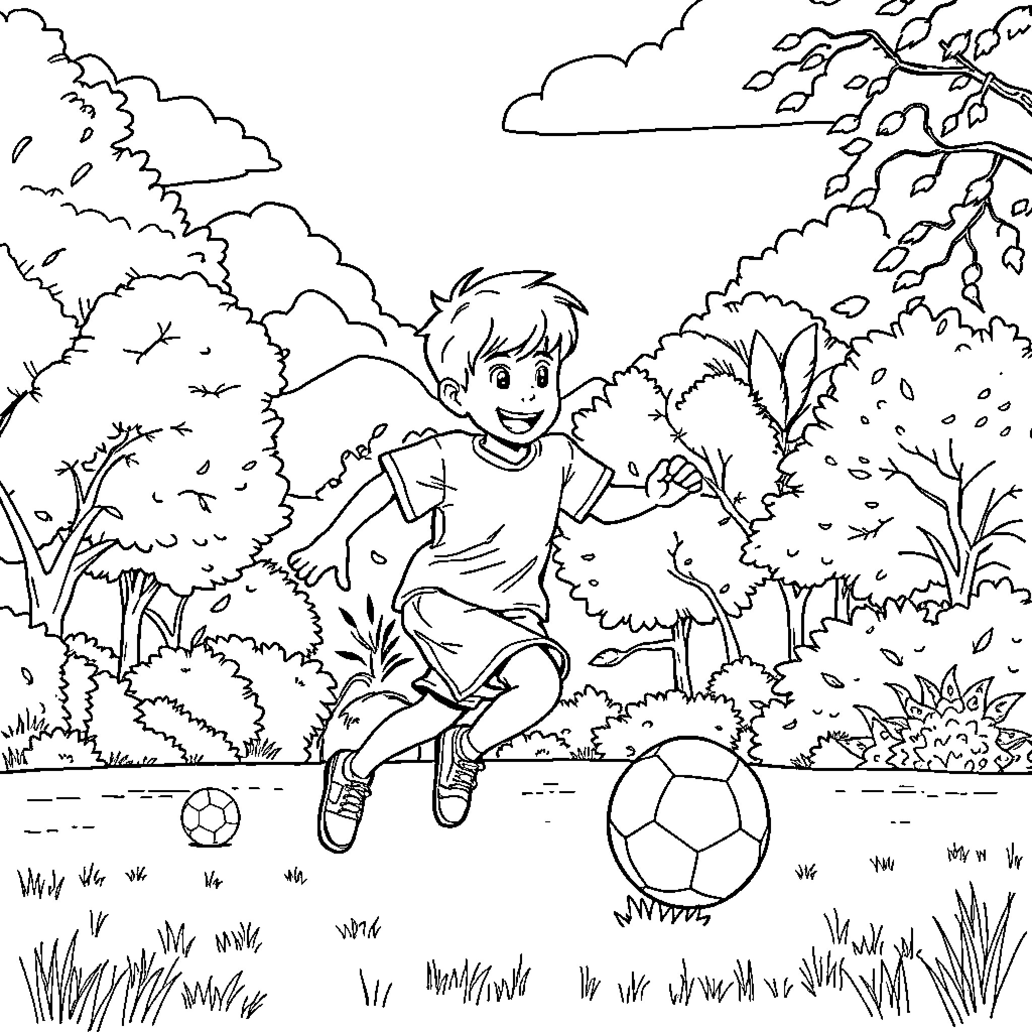 Boy playing joyfully with soccer ball in outdoor scene Coloring Page (free black-and-white line drawing printable PDF for all, from beginners to advanced learners, including children, teens, adults, and seniors)