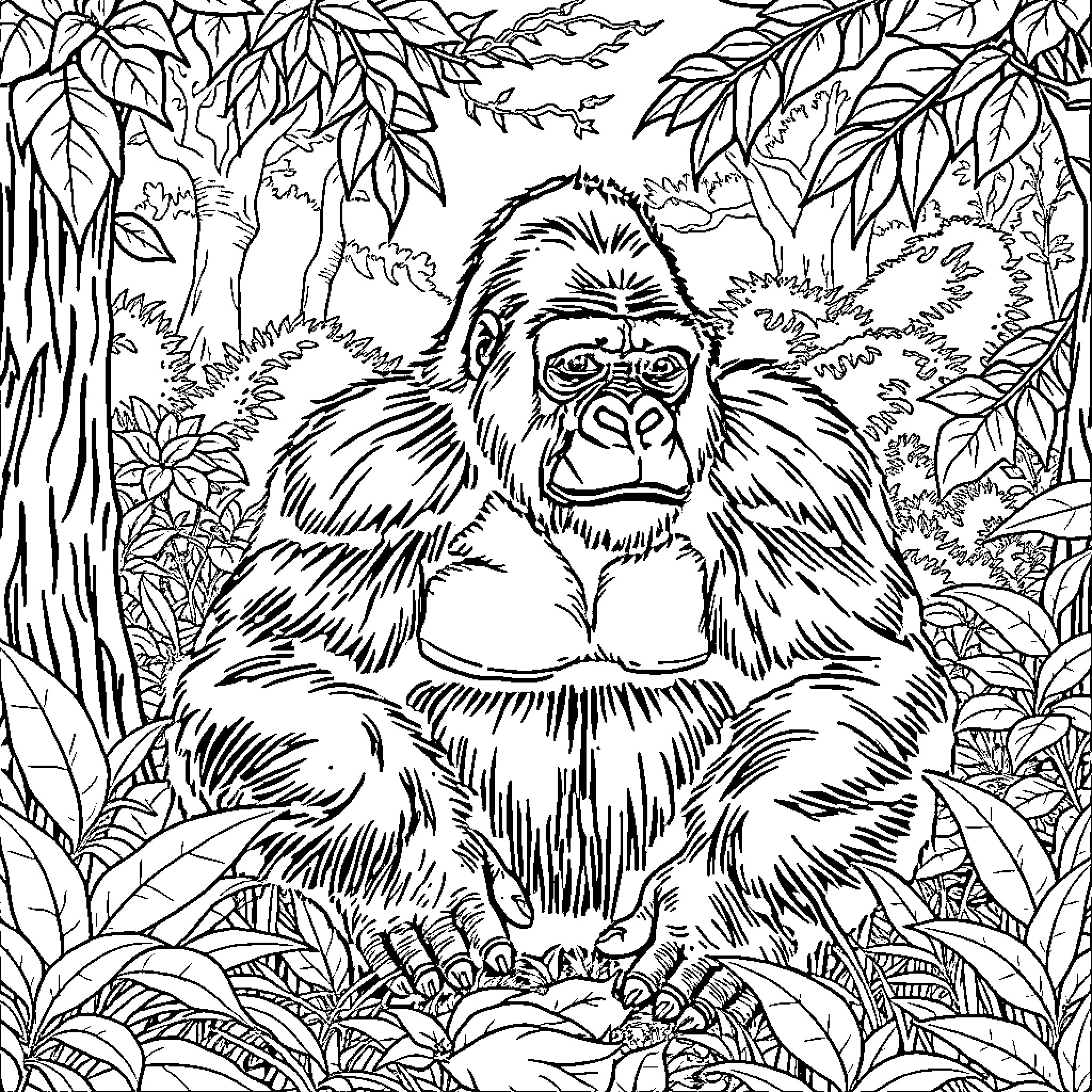 Gorilla resting amidst lush foliage Coloring Page (free black-and-white line drawing printable PDF for all, from beginners to advanced learners, including children, teens, adults, and seniors)