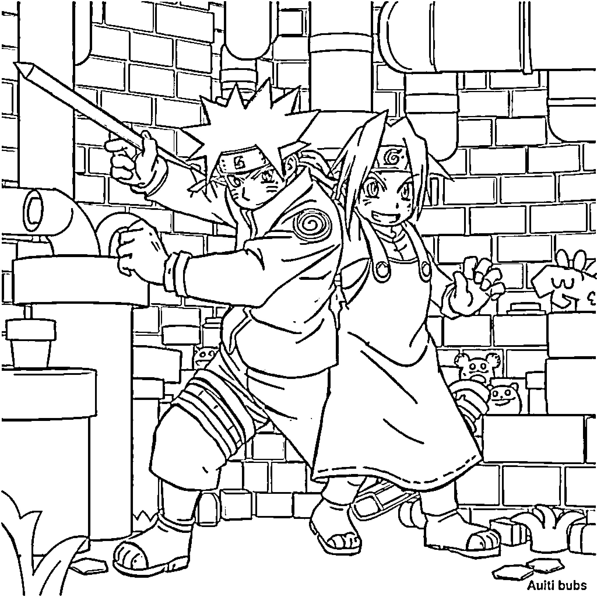 Naruto and Sakura in Ninja Action Scene Coloring Page (free black-and-white line drawing printable PDF for all, from beginners to advanced learners, including children, teens, adults, and seniors)