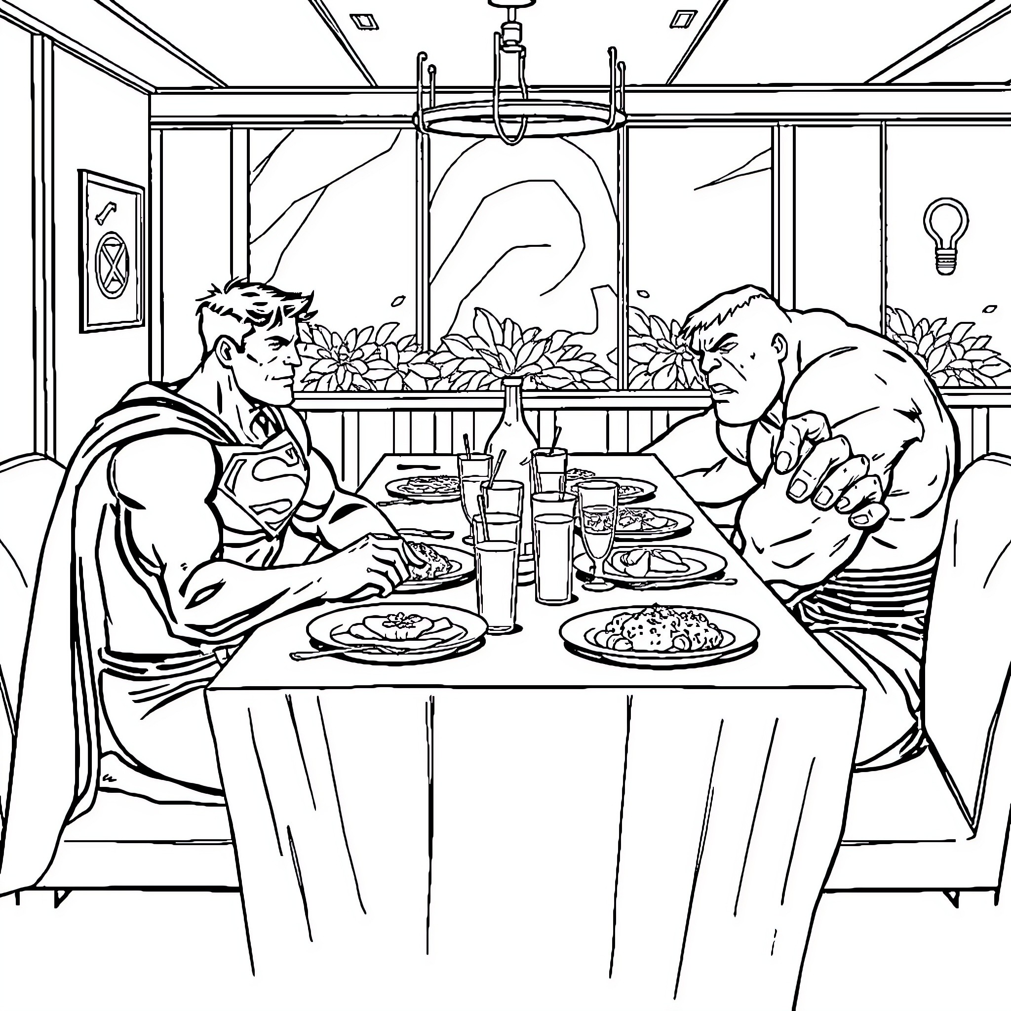 Superman Sharing a Meal with Friends in a Cozy Diner Coloring Page (free black-and-white line drawing printable PDF for all, from beginners to advanced learners, including children, teens, adults, and seniors)
