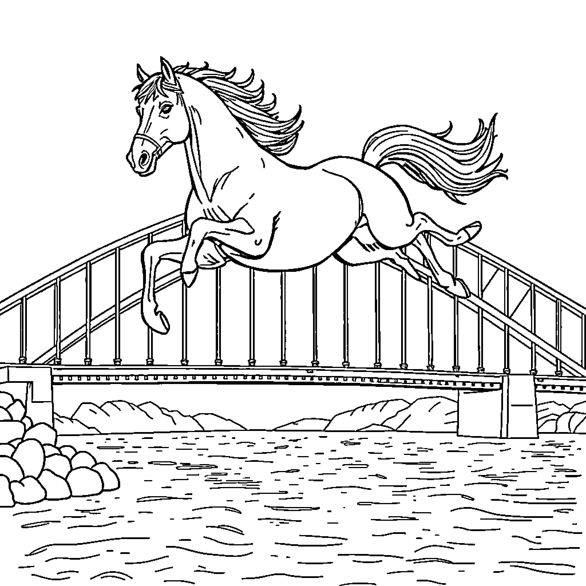 Horse galloping over a bridge Coloring Page (free black-and-white line drawing printable PDF for all, from beginners to advanced learners, including children, teens, adults, and seniors)