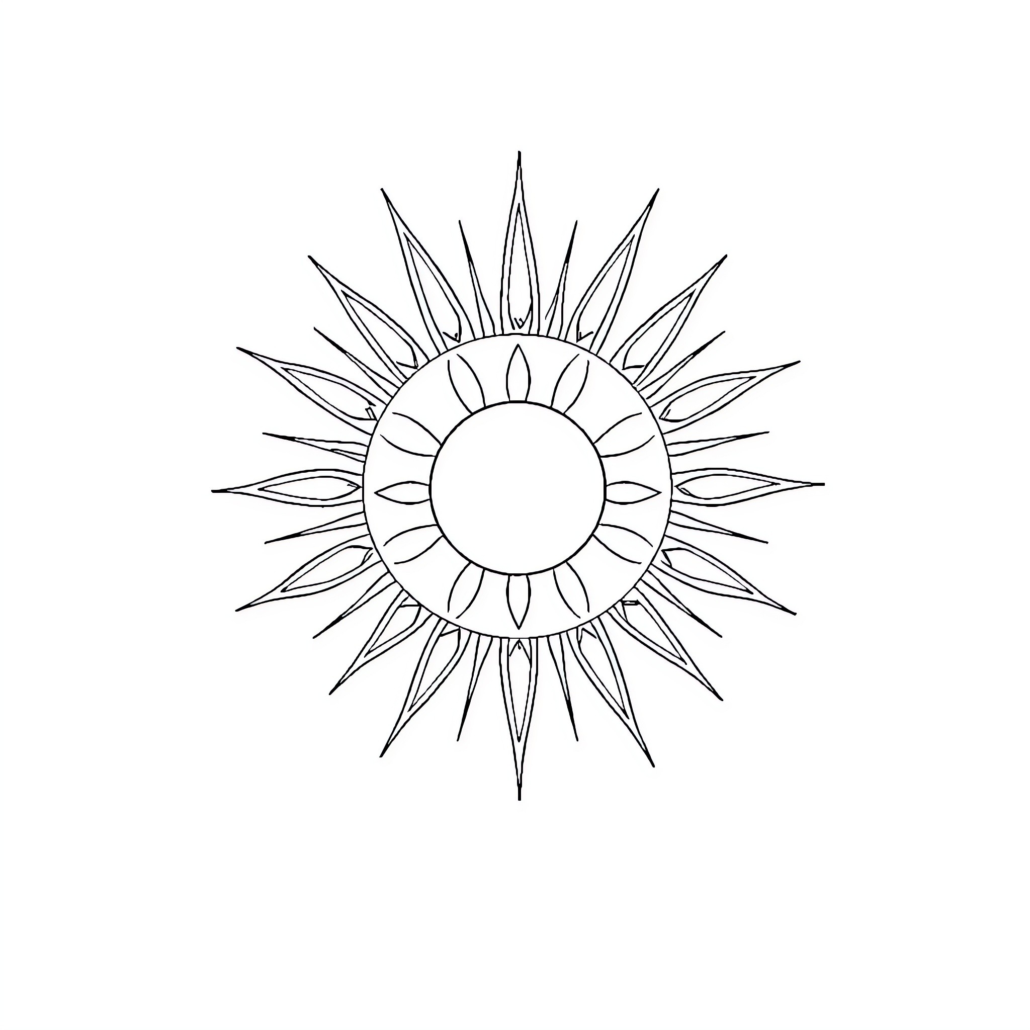 Tata Surya: Intricate Sun Motif Coloring Page (free black-and-white line drawing printable PDF for all, from beginners to advanced learners, including children, teens, adults, and seniors)