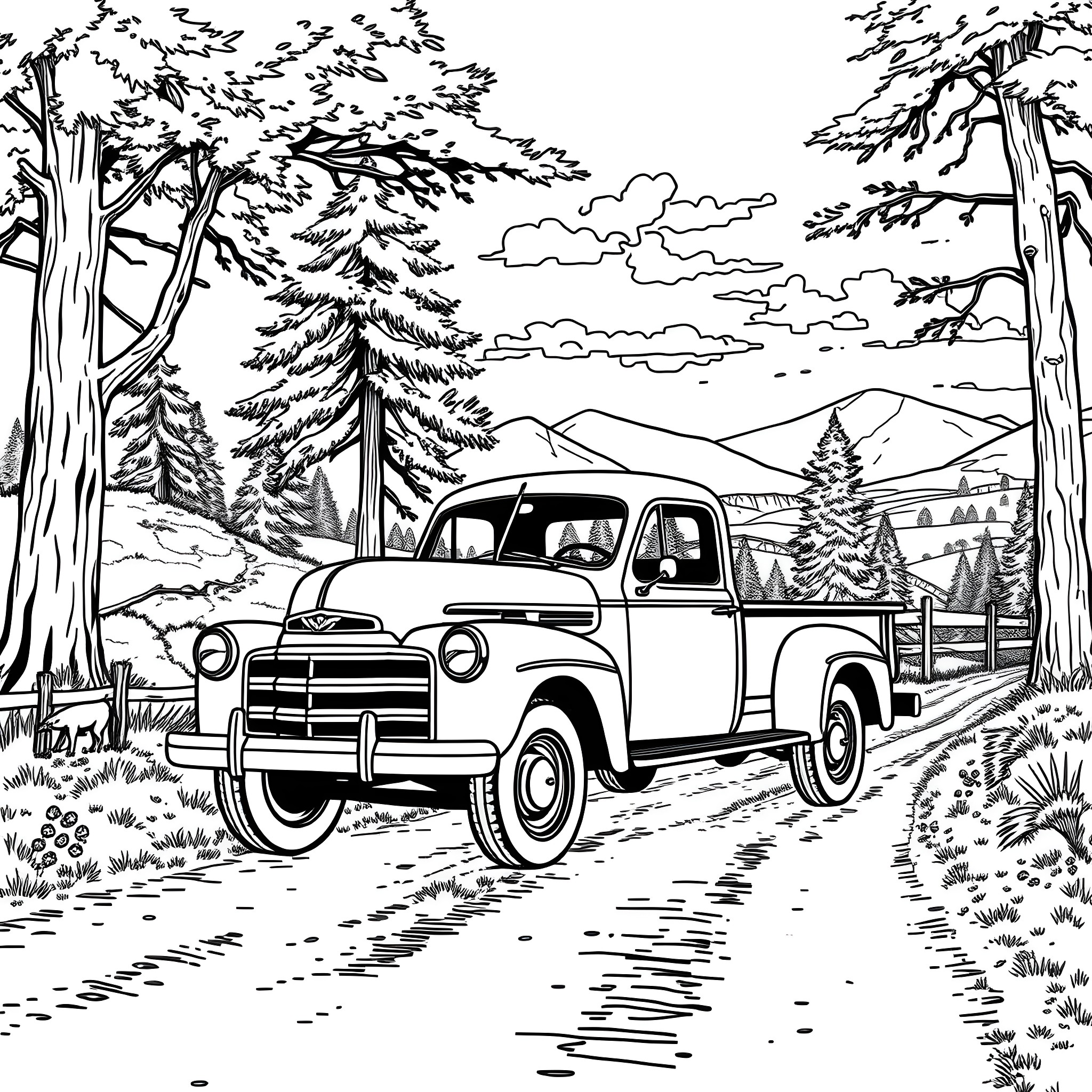 Truck driving through a scenic forest landscape Coloring Page (free black-and-white line drawing printable PDF for all, from beginners to advanced learners, including children, teens, adults, and seniors)