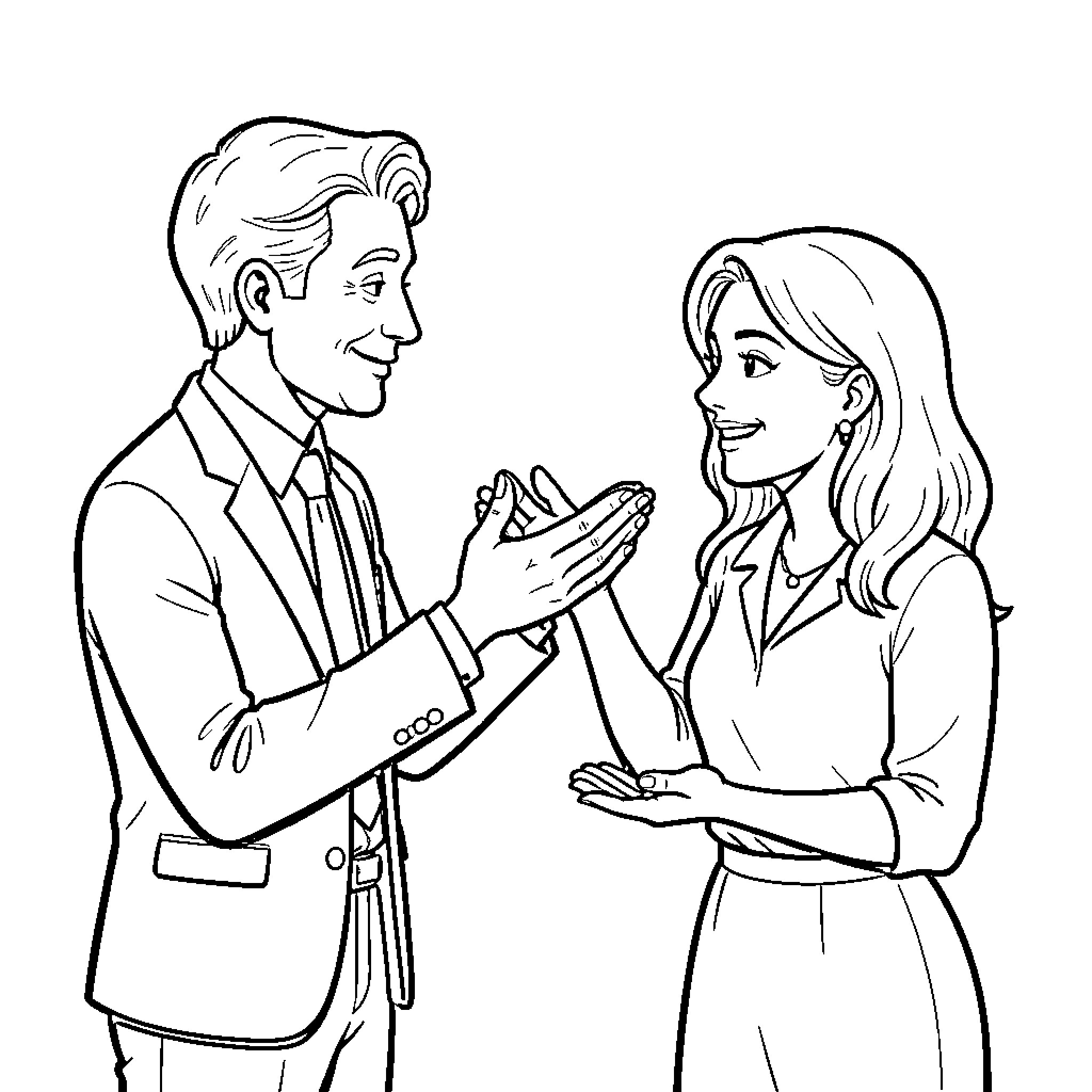Madame and gentleman engaging in a polite conversation Coloring Page (free black-and-white line drawing printable PDF for all, from beginners to advanced learners, including children, teens, adults, and seniors)