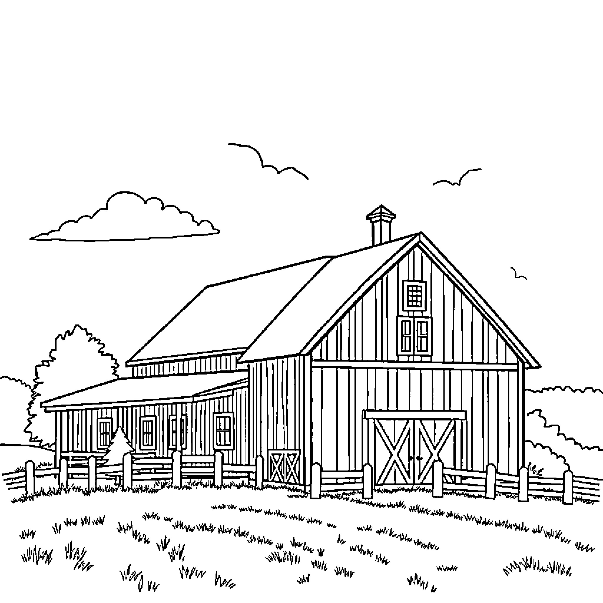 Farmhouse with Barn and Livestock Grazing Coloring Page (free black-and-white line drawing printable PDF for all, from beginners to advanced learners, including children, teens, adults, and seniors)