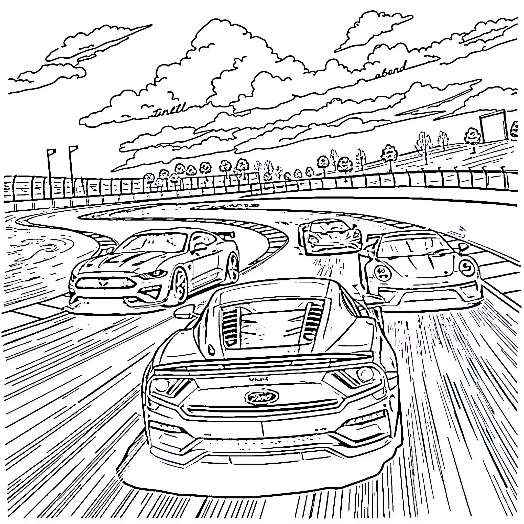 Cars racing on the highway with cloudy sky Coloring Page (free black-and-white line drawing printable PDF for all, from beginners to advanced learners, including children, teens, adults, and seniors)