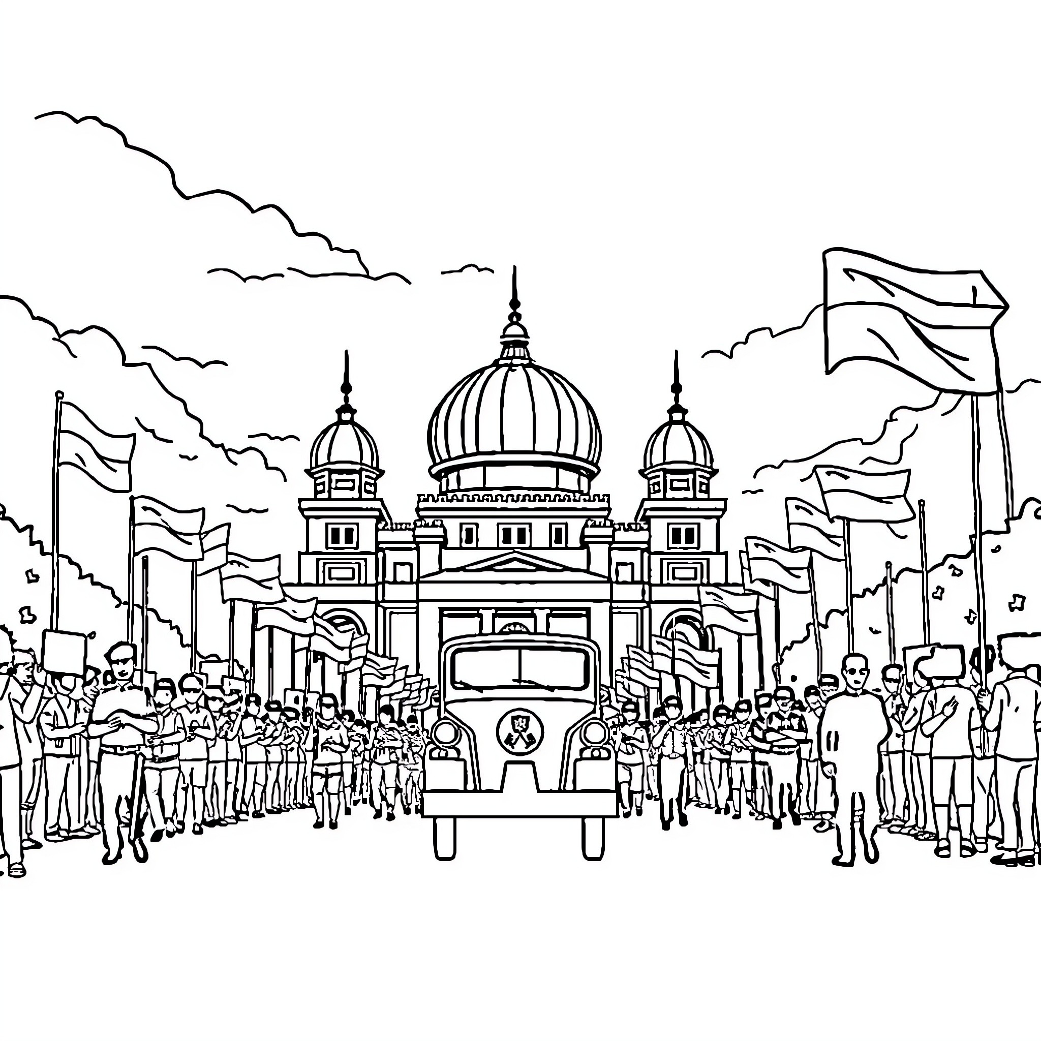 Indonesian Independence Celebration with Crowds and Flags Coloring Page (free black-and-white line drawing printable PDF for all, from beginners to advanced learners, including children, teens, adults, and seniors)