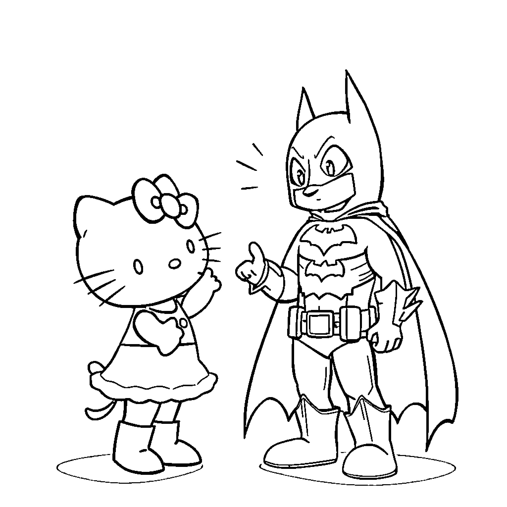 Batman and Hello Kitty in costume adventure Coloring Page (free black-and-white line drawing printable PDF for all, from beginners to advanced learners, including children, teens, adults, and seniors)