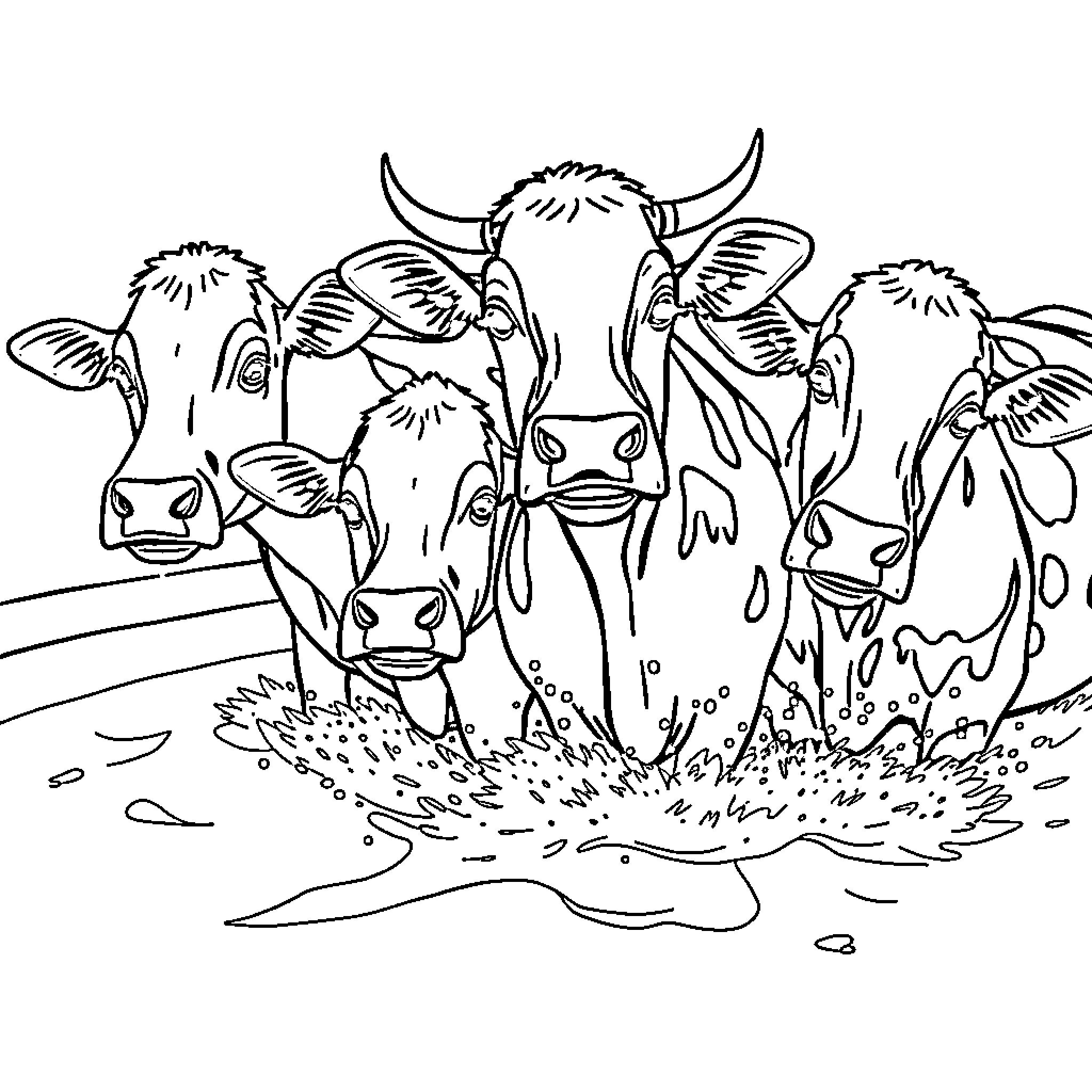 Cow herd enjoying the muddy field Coloring Page (free black-and-white line drawing printable PDF for all, from beginners to advanced learners, including children, teens, adults, and seniors)