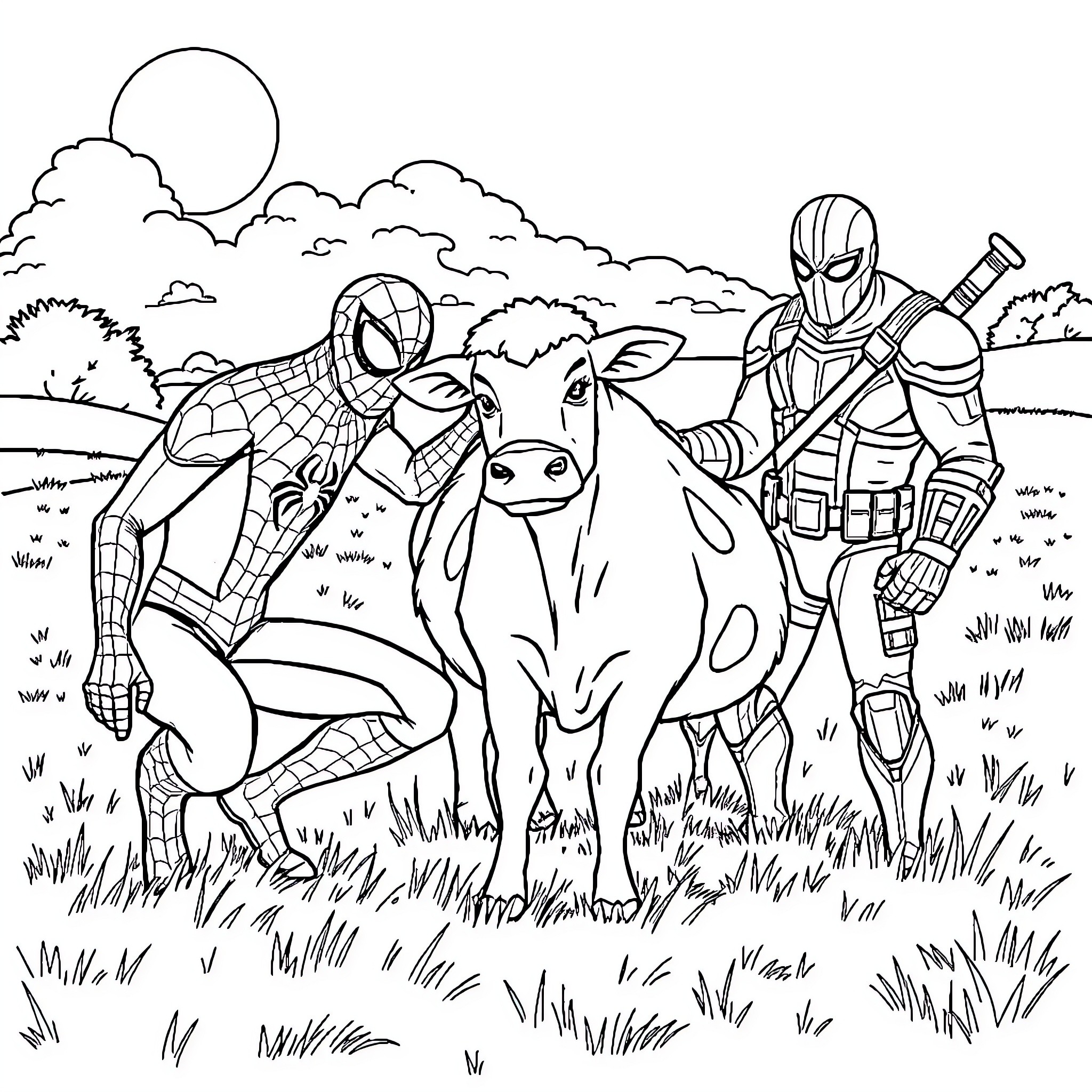 Cow and superheroes in a pastoral scene Coloring Page (free black-and-white line drawing printable PDF for all, from beginners to advanced learners, including children, teens, adults, and seniors)