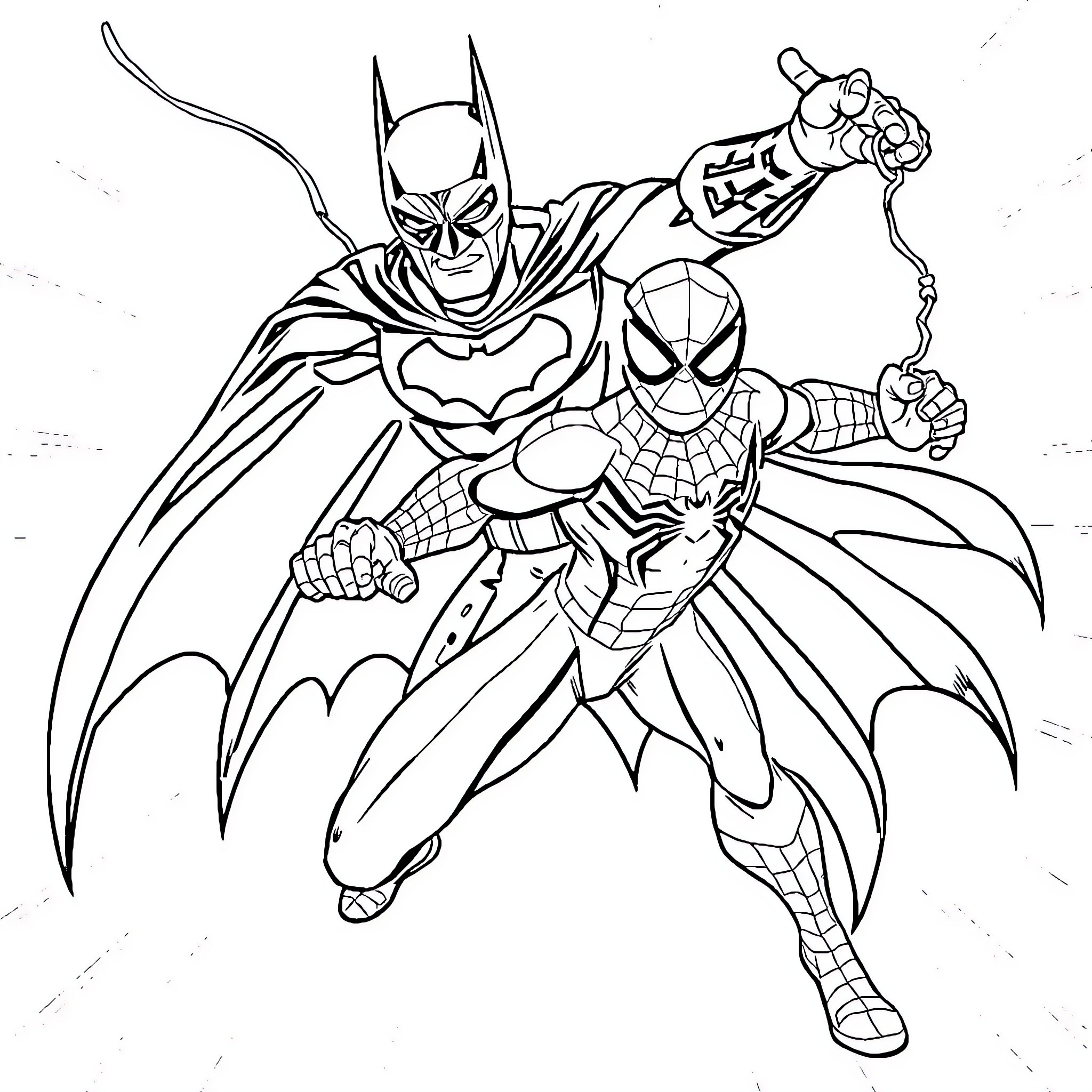 Batman and Spider-Man in heroic action poses Coloring Page (free black-and-white line drawing printable PDF for all, from beginners to advanced learners, including children, teens, adults, and seniors)
