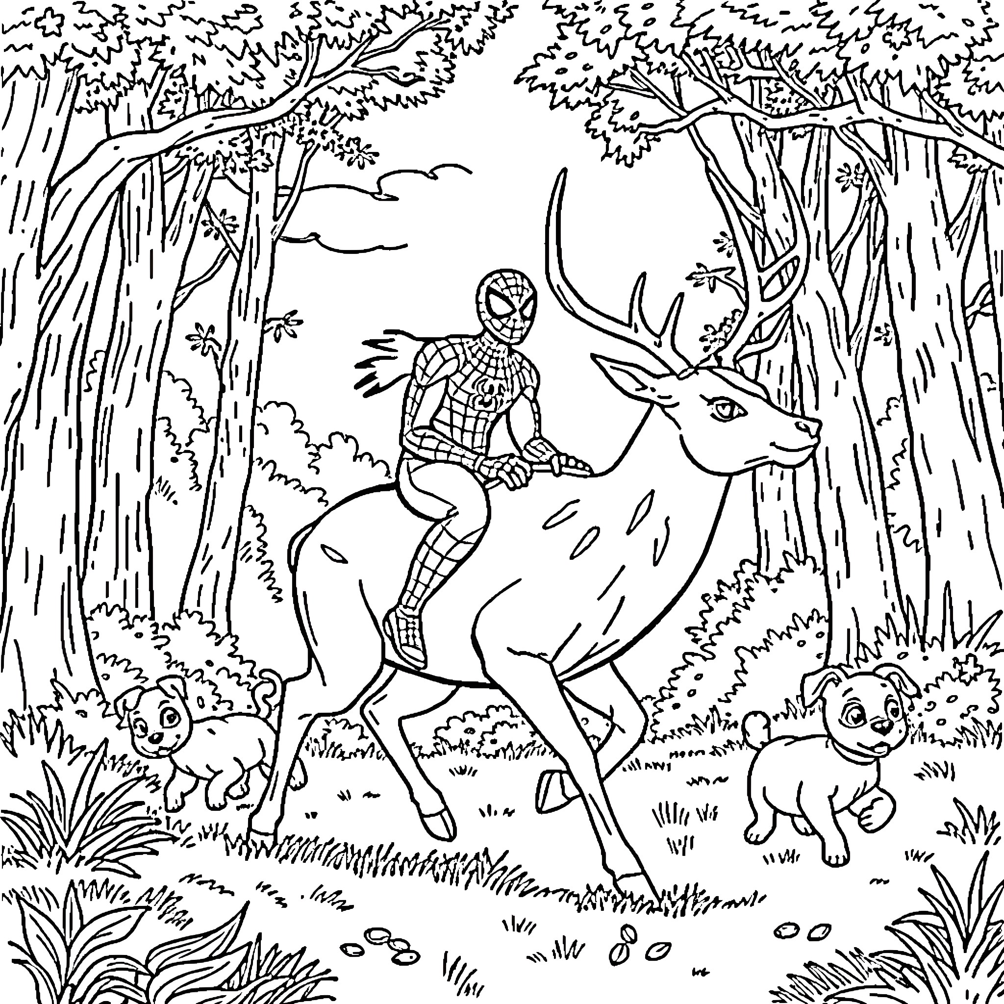 Spiderman rides a deer through the enchanted forest Coloring Page (free black-and-white line drawing printable PDF for all, from beginners to advanced learners, including children, teens, adults, and seniors)