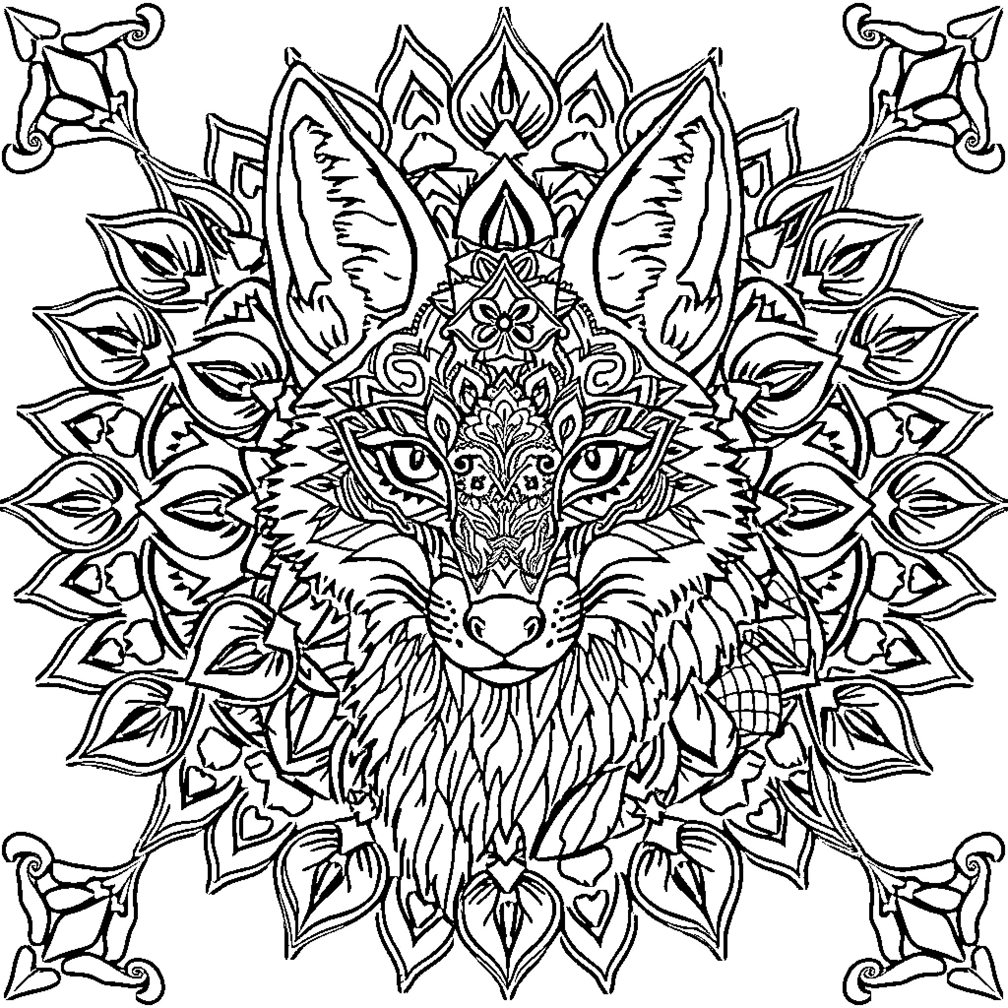 Fox Mandala with Intricate Floral Design Coloring Page (free black-and-white line drawing printable PDF for all, from beginners to advanced learners, including children, teens, adults, and seniors)