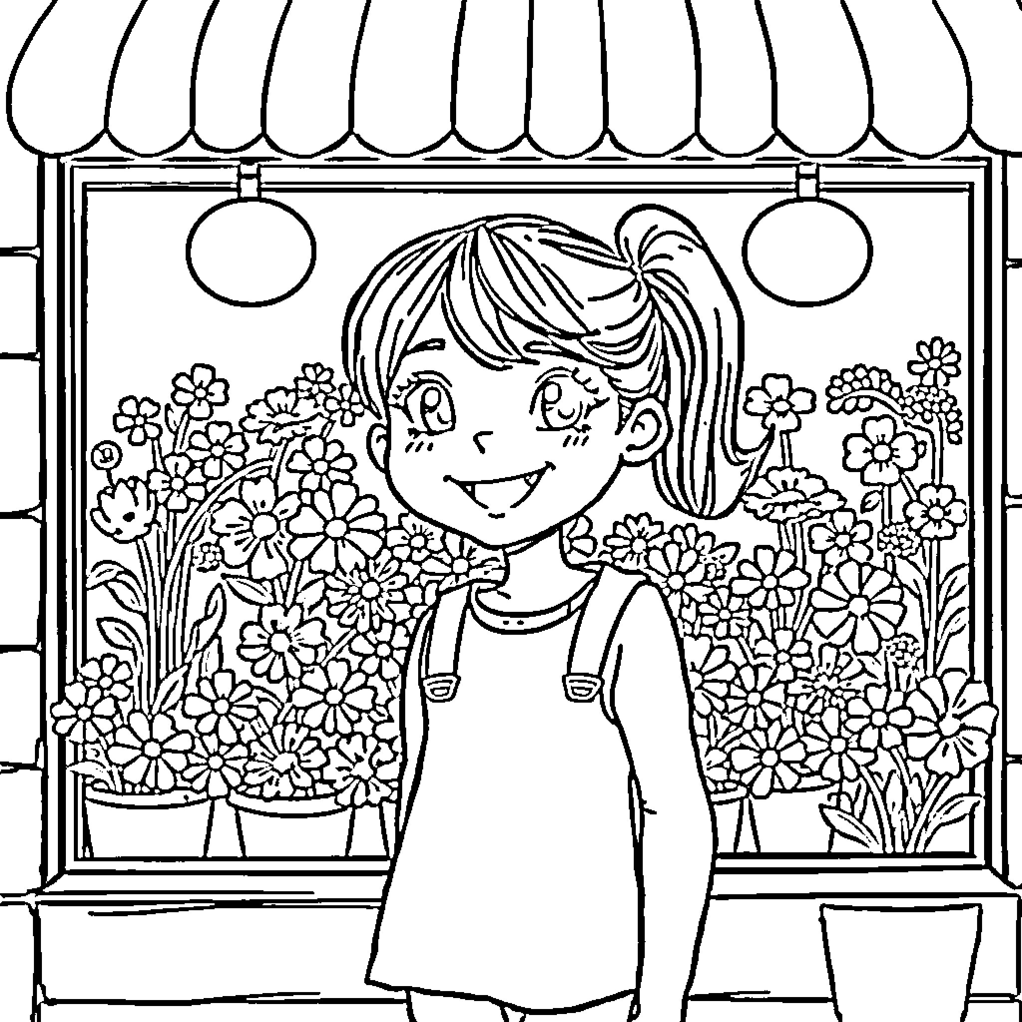 Girl admiring flowers in a shop window Coloring Page (free black-and-white line drawing printable PDF for all, from beginners to advanced learners, including children, teens, adults, and seniors)