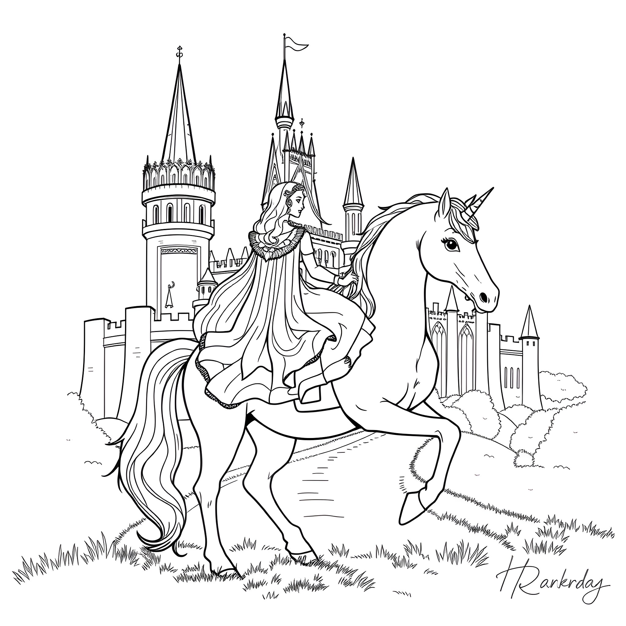 Princess riding a unicorn in a magical castle scene Coloring Page (free black-and-white line drawing printable PDF for all, from beginners to advanced learners, including children, teens, adults, and seniors)