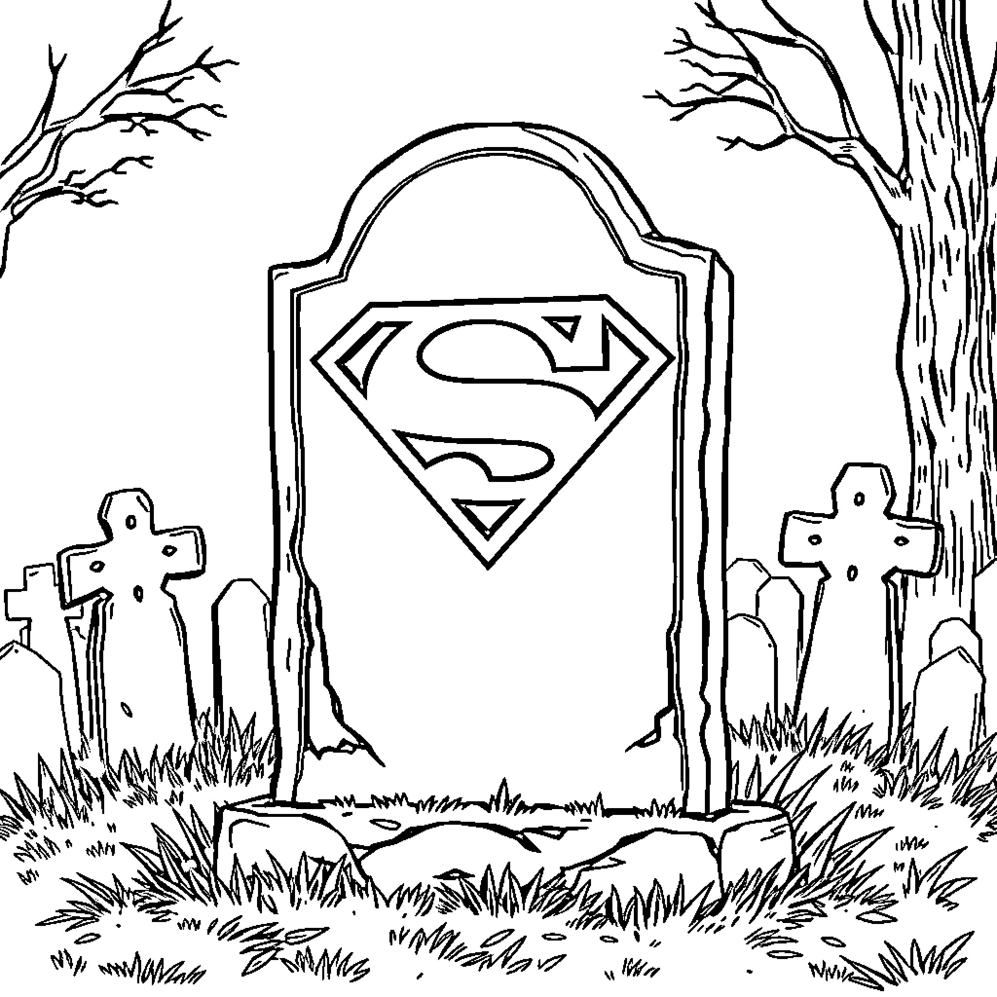 Superman's Gravesite in the Haunting Forest Coloring Page (free black-and-white line drawing printable PDF for all, from beginners to advanced learners, including children, teens, adults, and seniors)