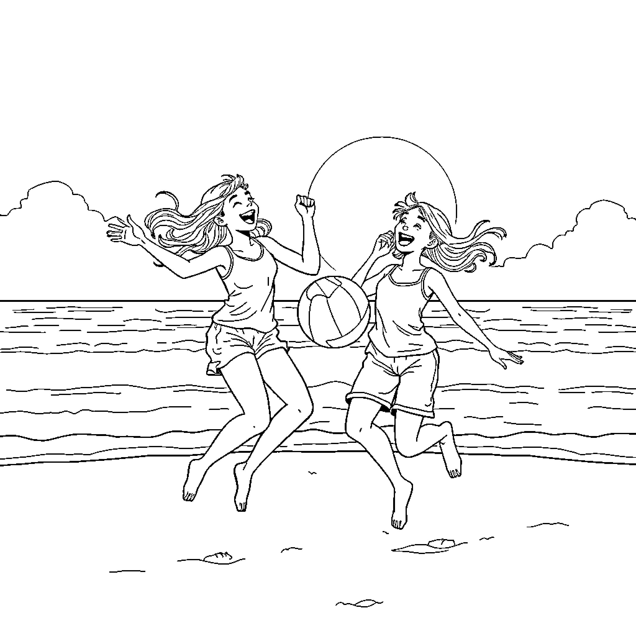 Sister Playfully Enjoying the Beach with Friend Coloring Page (free black-and-white line drawing printable PDF for all, from beginners to advanced learners, including children, teens, adults, and seniors)