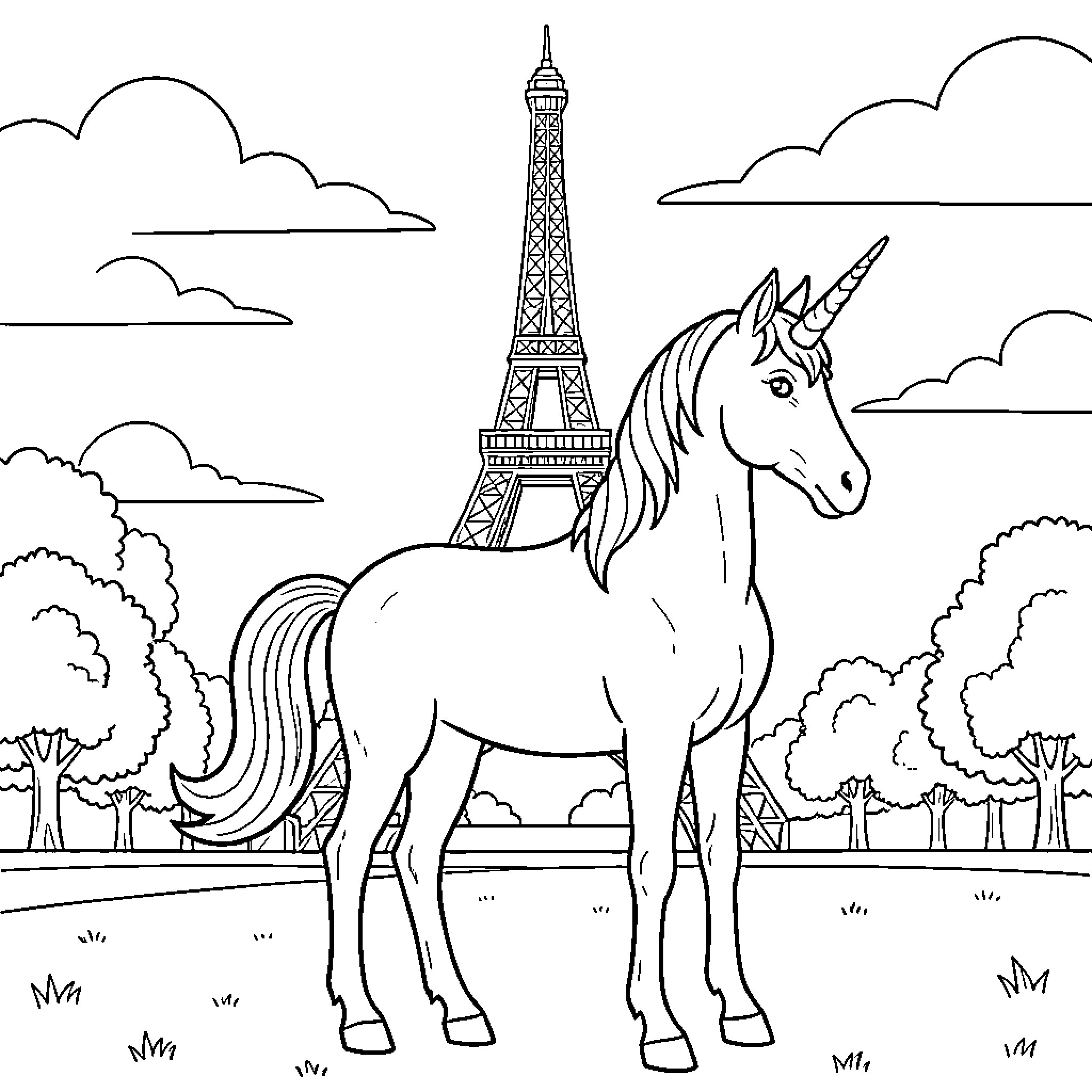 Unicorn standing peacefully in front of the Eiffel Tower Coloring Page (free black-and-white line drawing printable PDF for all, from beginners to advanced learners, including children, teens, adults, and seniors)